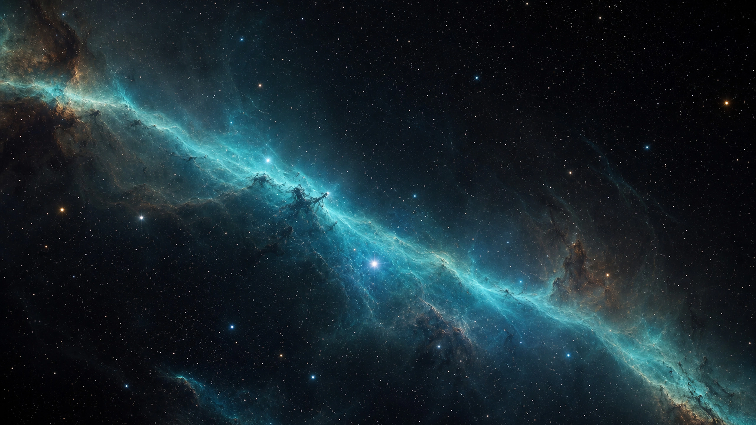 Fine blue-green emission veil crossing a dense varied stellar background, original 4K space wallpaper
