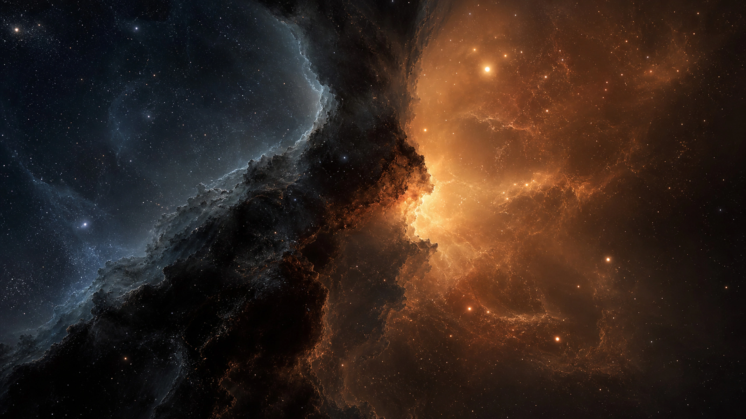 Wide dark molecular rift dividing a warm distant nebula and star field, original 4K space wallpaper