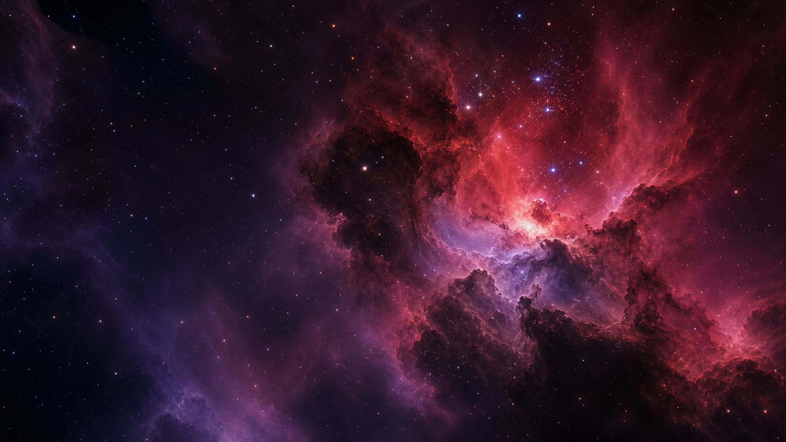 Layered crimson and violet stellar nursery with luminous knots and deep shadow, original 4K space wallpaper