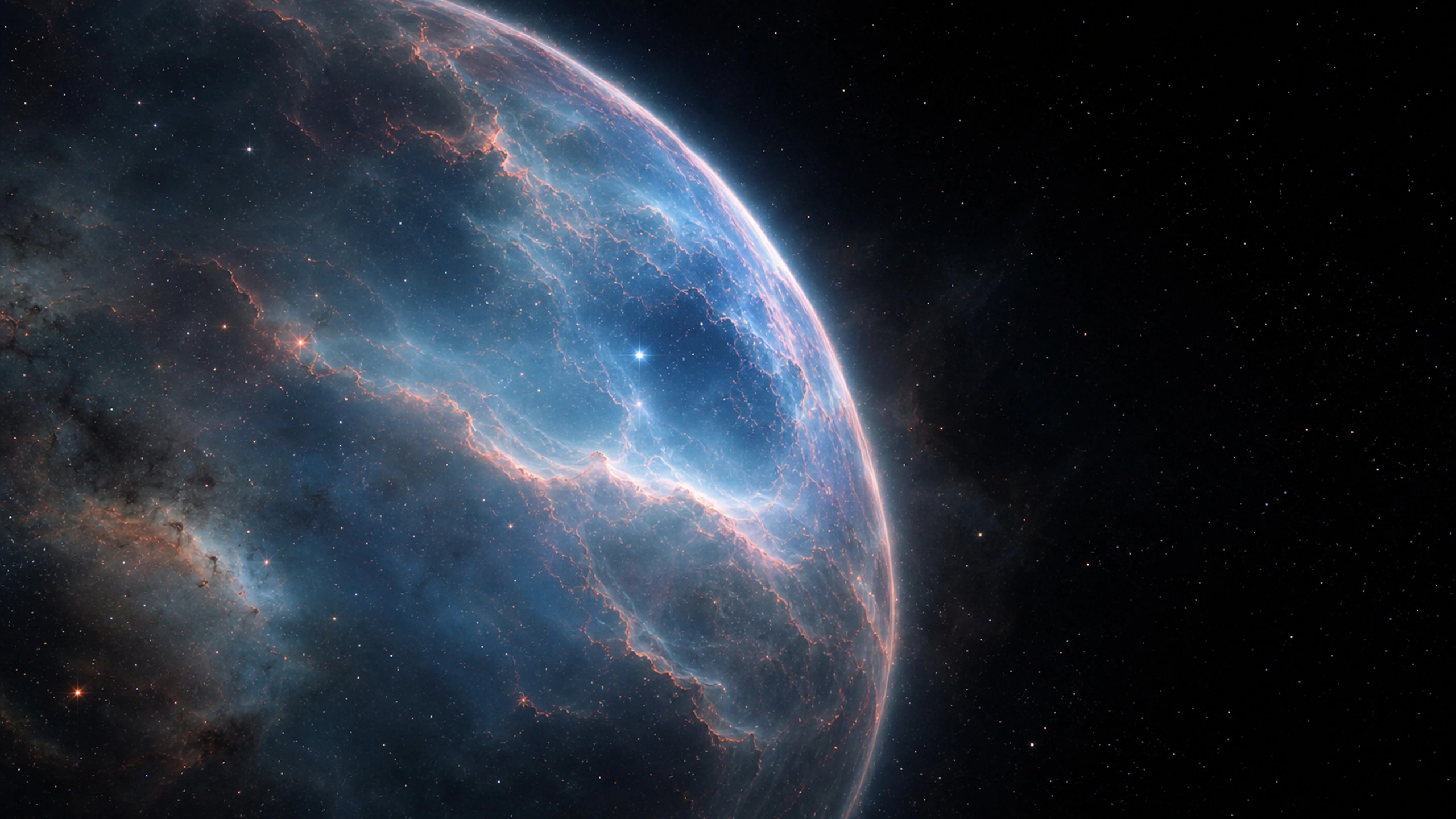 Curved glowing edge of an enormous cosmic gas bubble against black space, original 4K space wallpaper