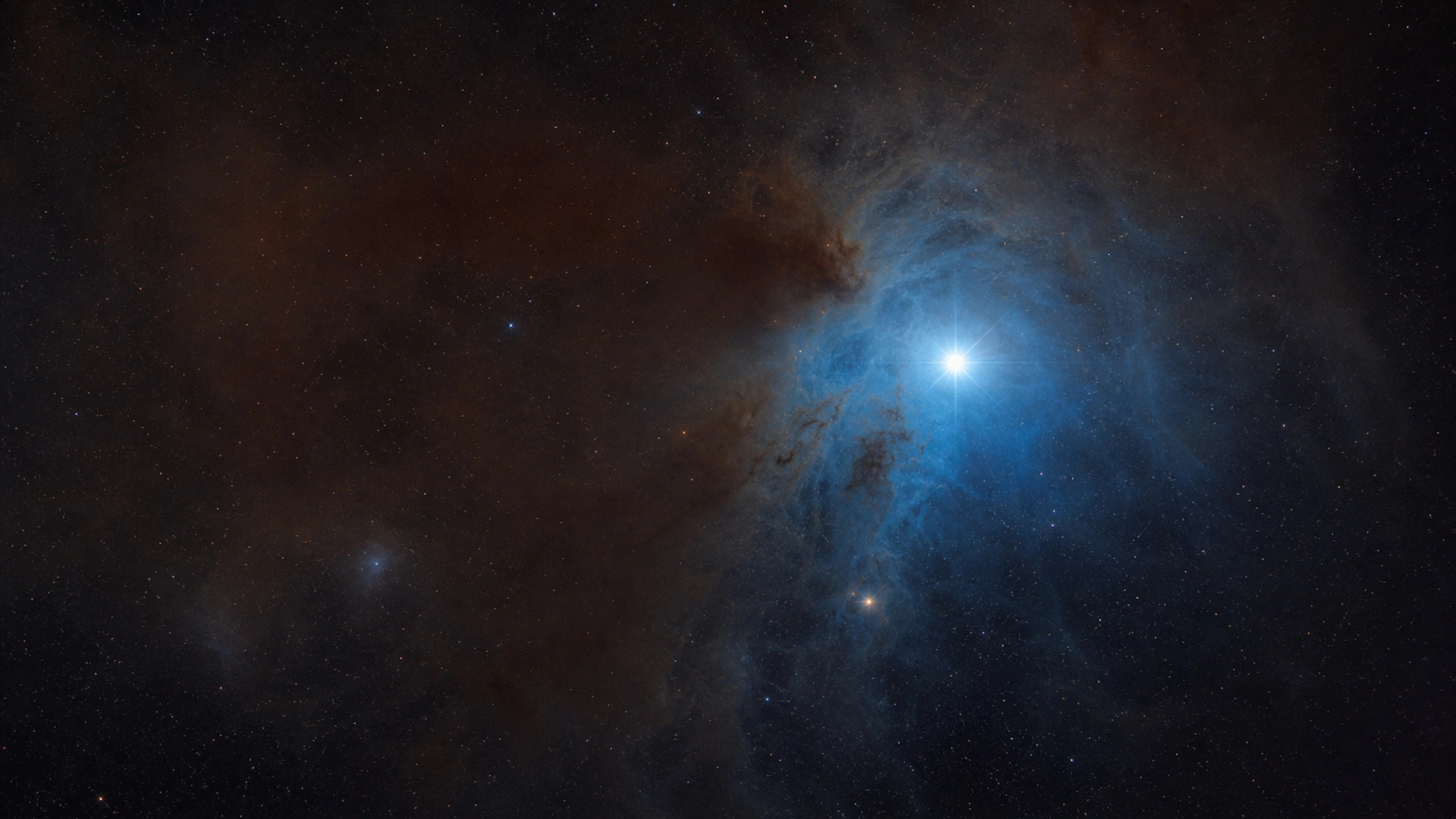 Cool reflection nebula surrounding one bright star with subtle dust texture, original 4K space wallpaper