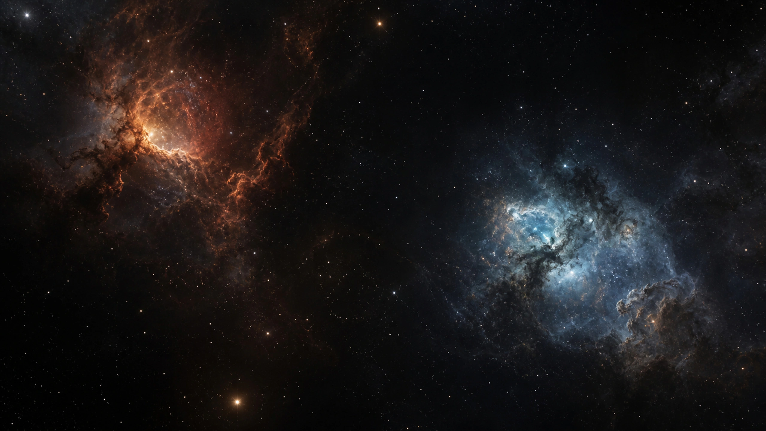 Two separated original gas clouds at different depths across a wide star field, original 4K space wallpaper