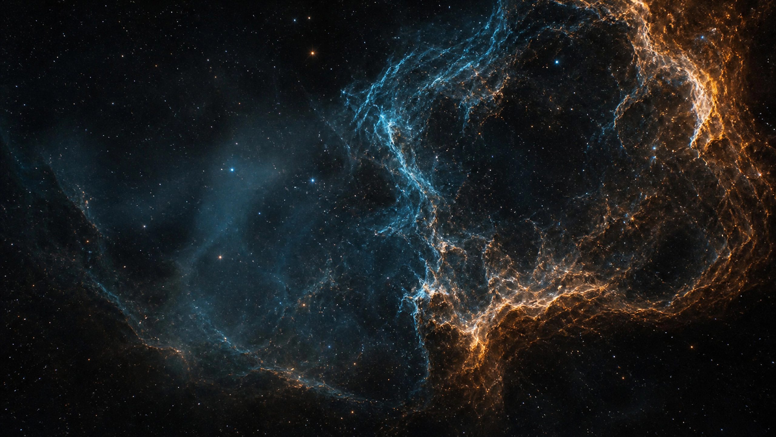 Delicate filamentary supernova-remnant-like structure with restrained cyan and amber, original 4K space wallpaper