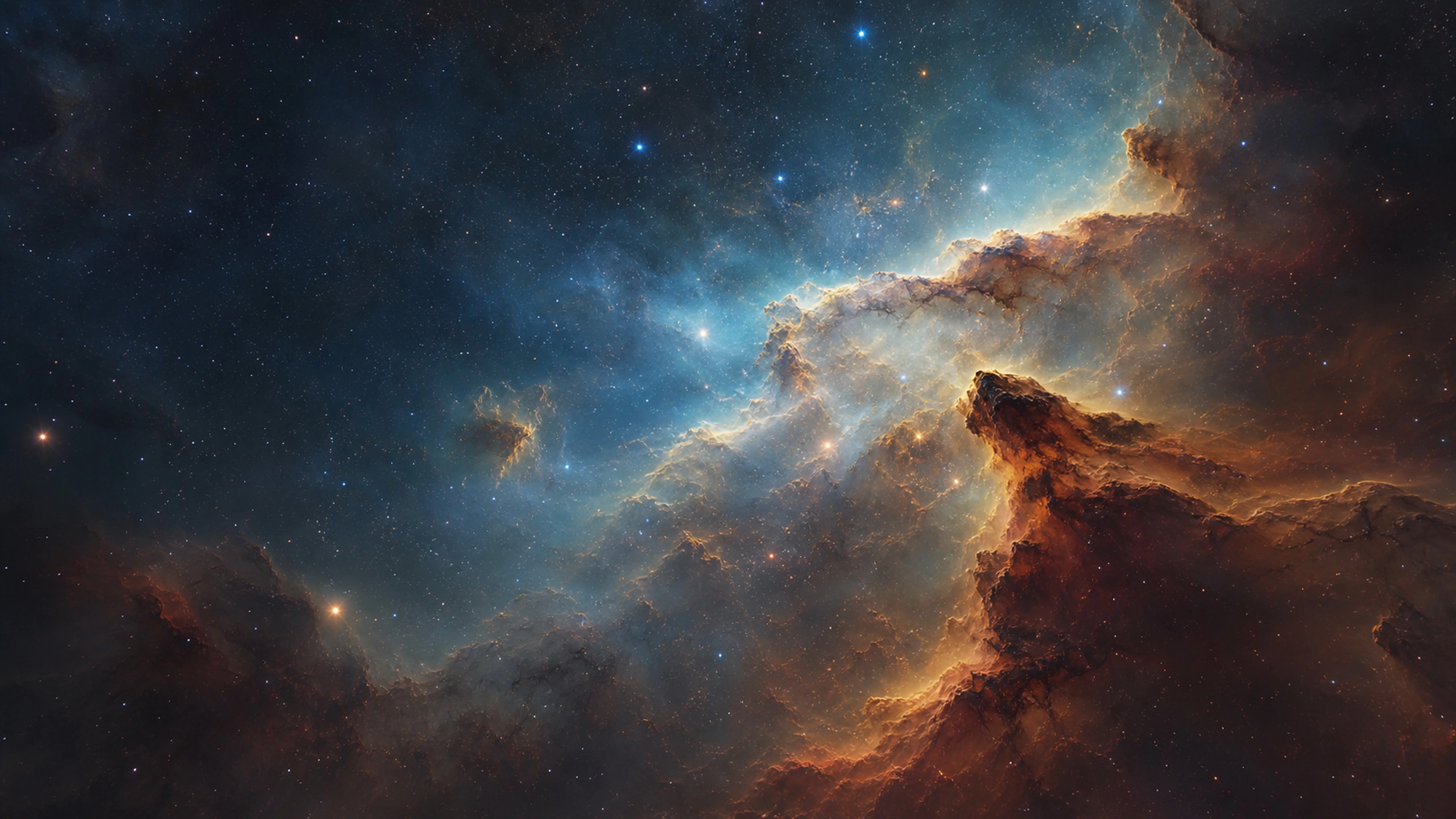 False-color-inspired but original cosmic dust canyon with believable depth and no text, original 4K space wallpaper
