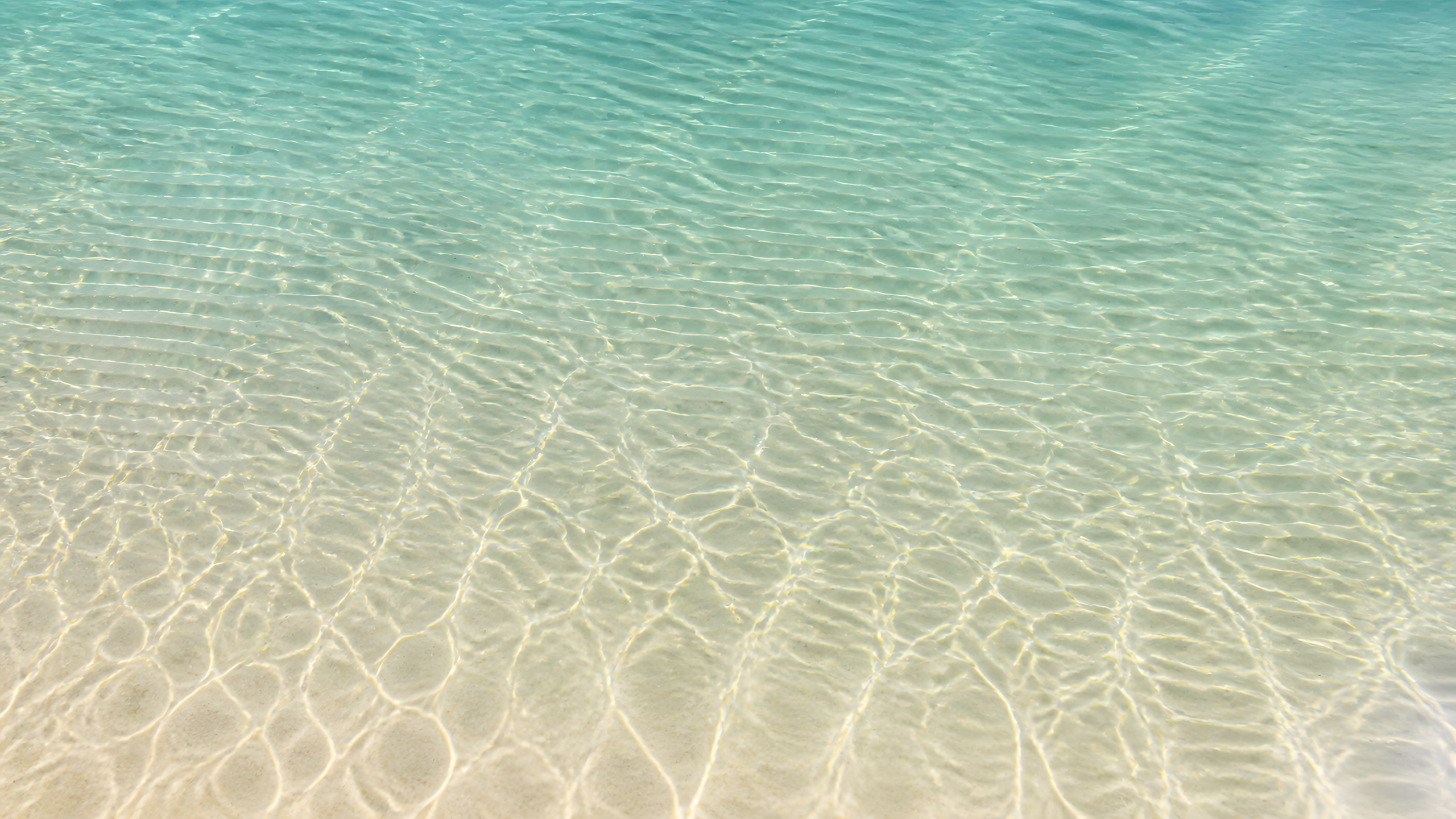 Sunlit aqua shallows casting caustic patterns over pale sand