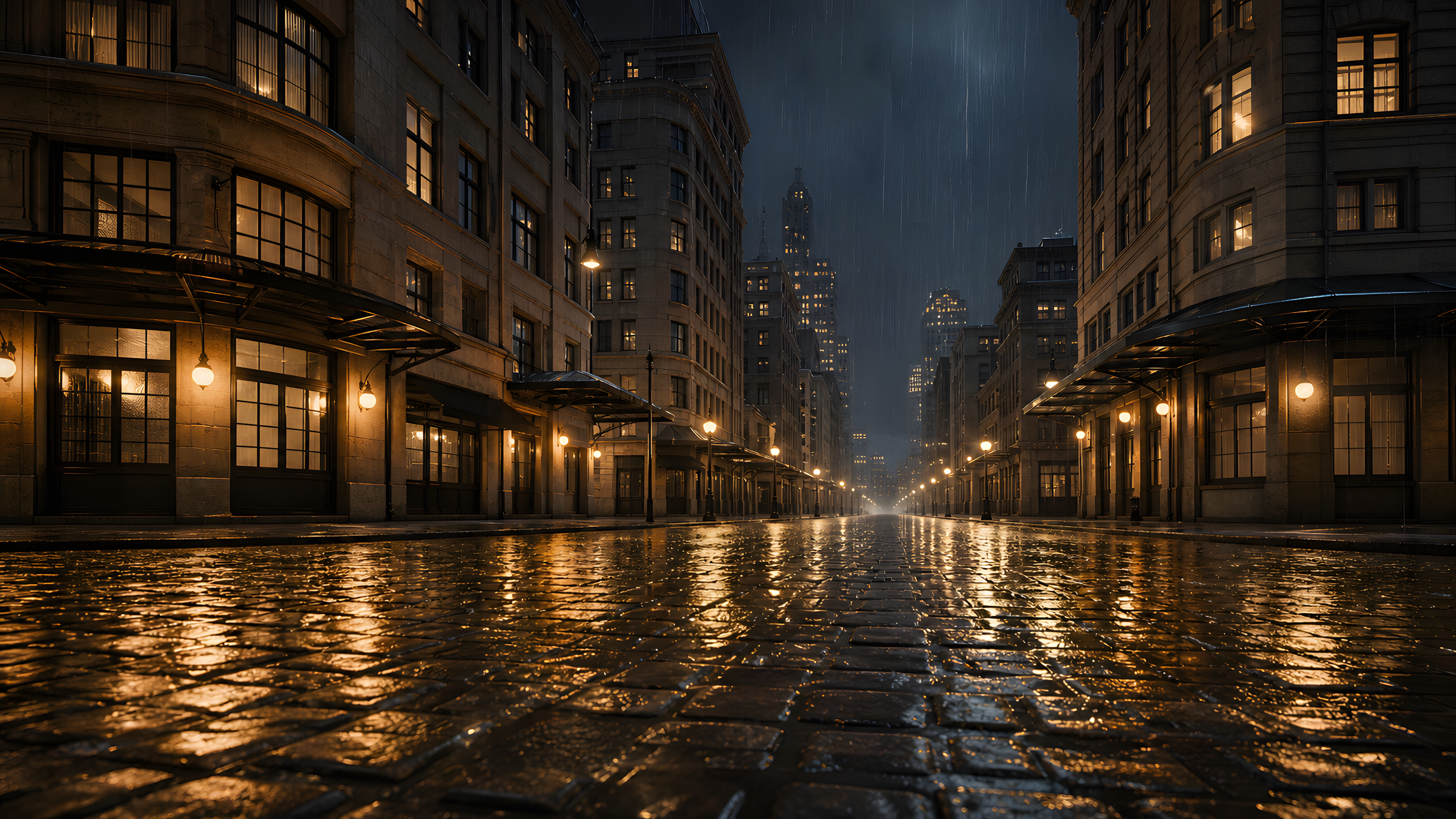An empty late-1930s-inspired boulevard during steady night rain, lined with anonymous limestone and dark-brick buildings, rounded corner windows and blank metal awnings, original 4K cities wallpaper