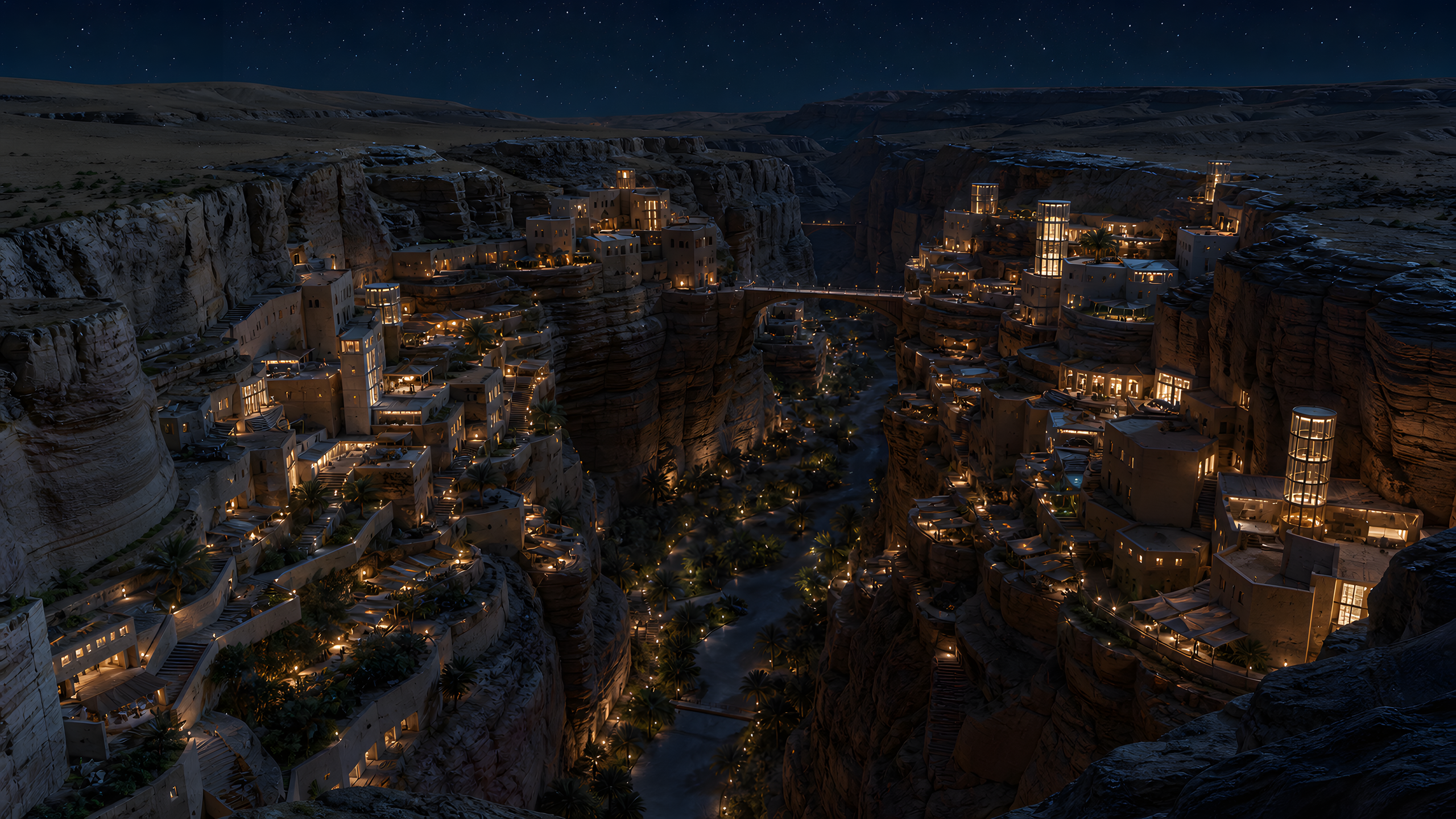A compact rammed-earth city integrated into both sides of a broad sandstone canyon beneath a clear star field, seen from a high oblique aerial viewpoint, original 4K cities wallpaper
