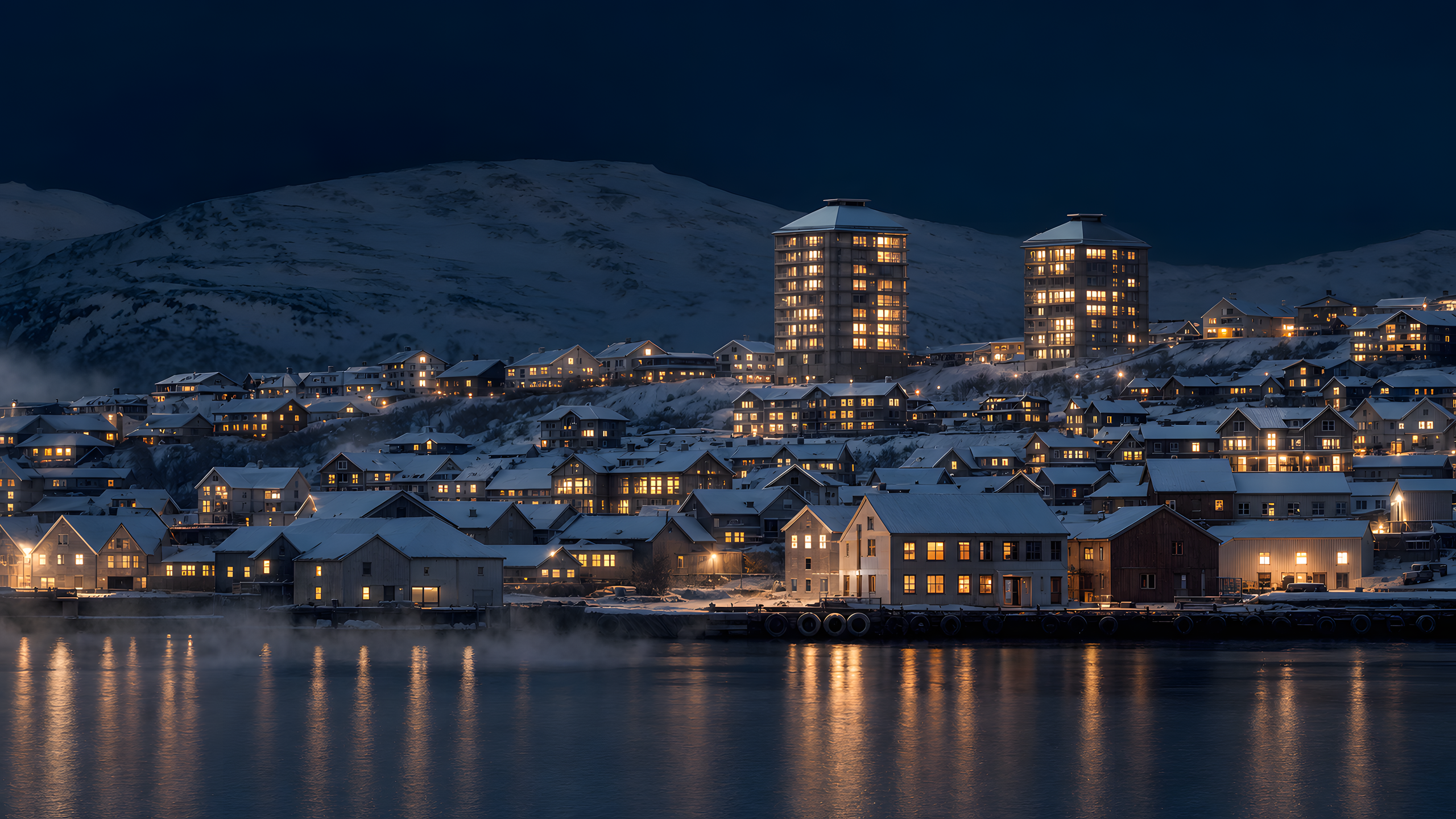 A subarctic harbor city of compact timber-and-stone neighborhoods wrapping a dark inlet beneath snow-covered mountains and an indigo polar sky, original 4K cities wallpaper