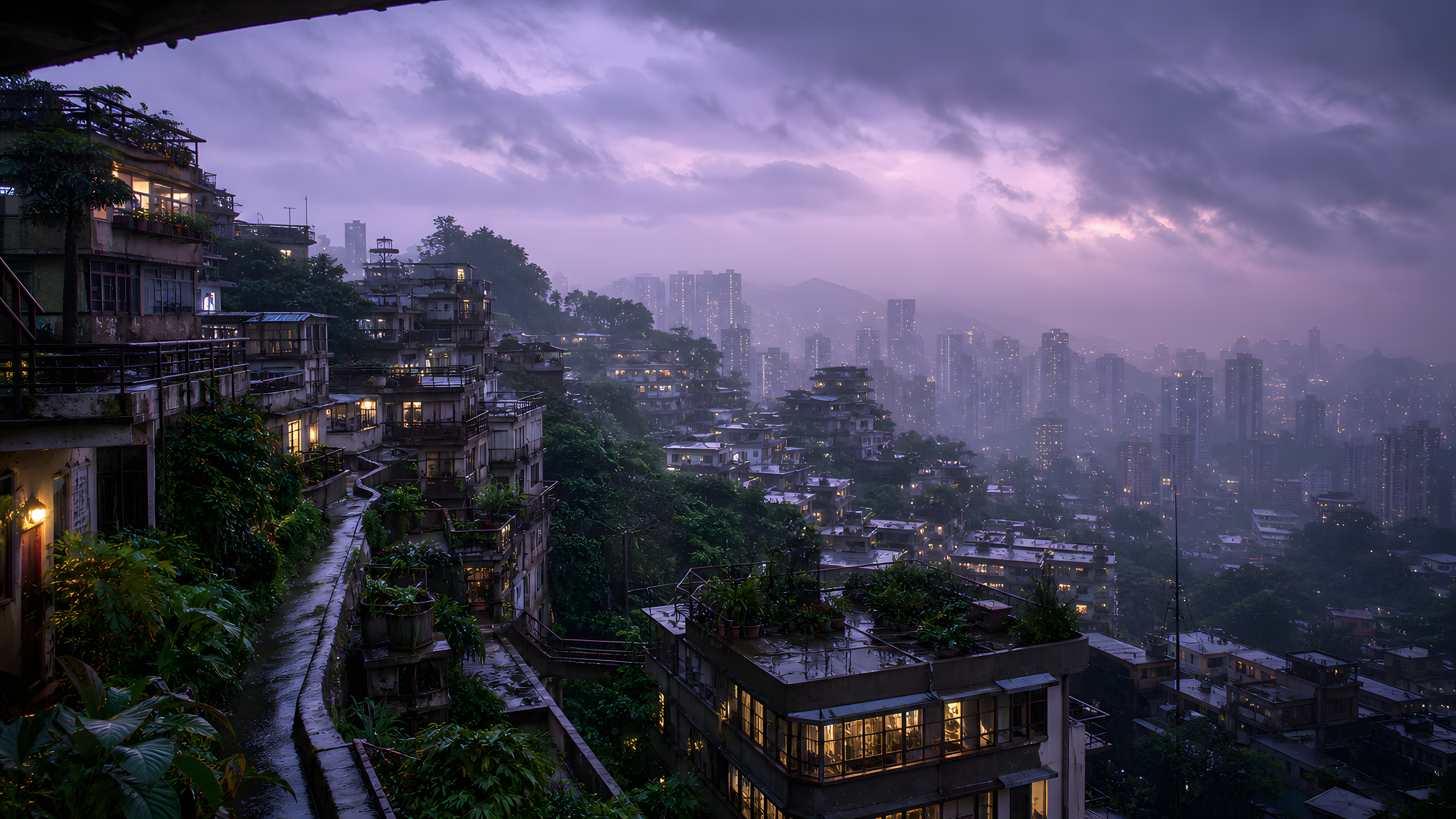 A dense tropical hillside metropolis immediately after a monsoon downpour, with layered concrete terraces, roof gardens and distant towers emerging through violet rain mist, original 4K cities wallpaper