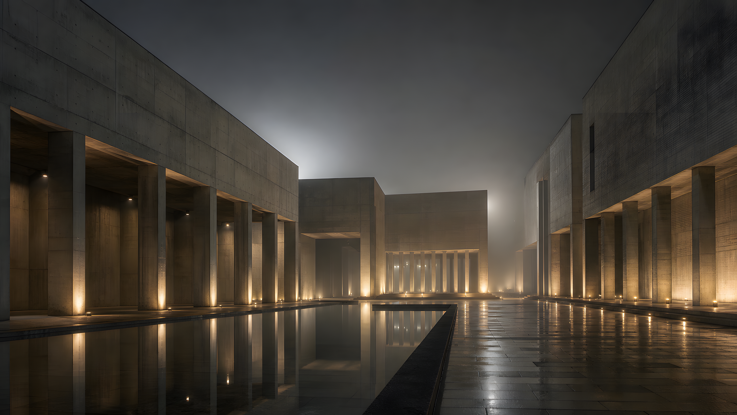 An empty civic plaza enclosed by monumental board-formed concrete volumes, deep colonnades and a long reflecting pool disappearing into silver night fog, original 4K cities wallpaper