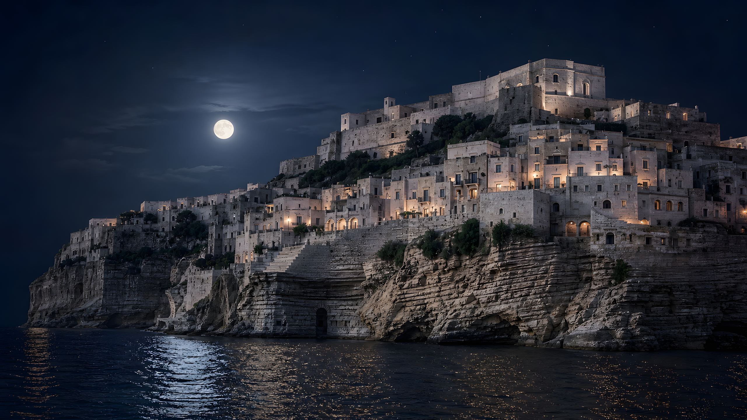 Pale limestone courtyard buildings and vaulted terraces climbing a rugged sea cliff beneath a bright moon, photographed from water level across a dark bay, original 4K cities wallpaper