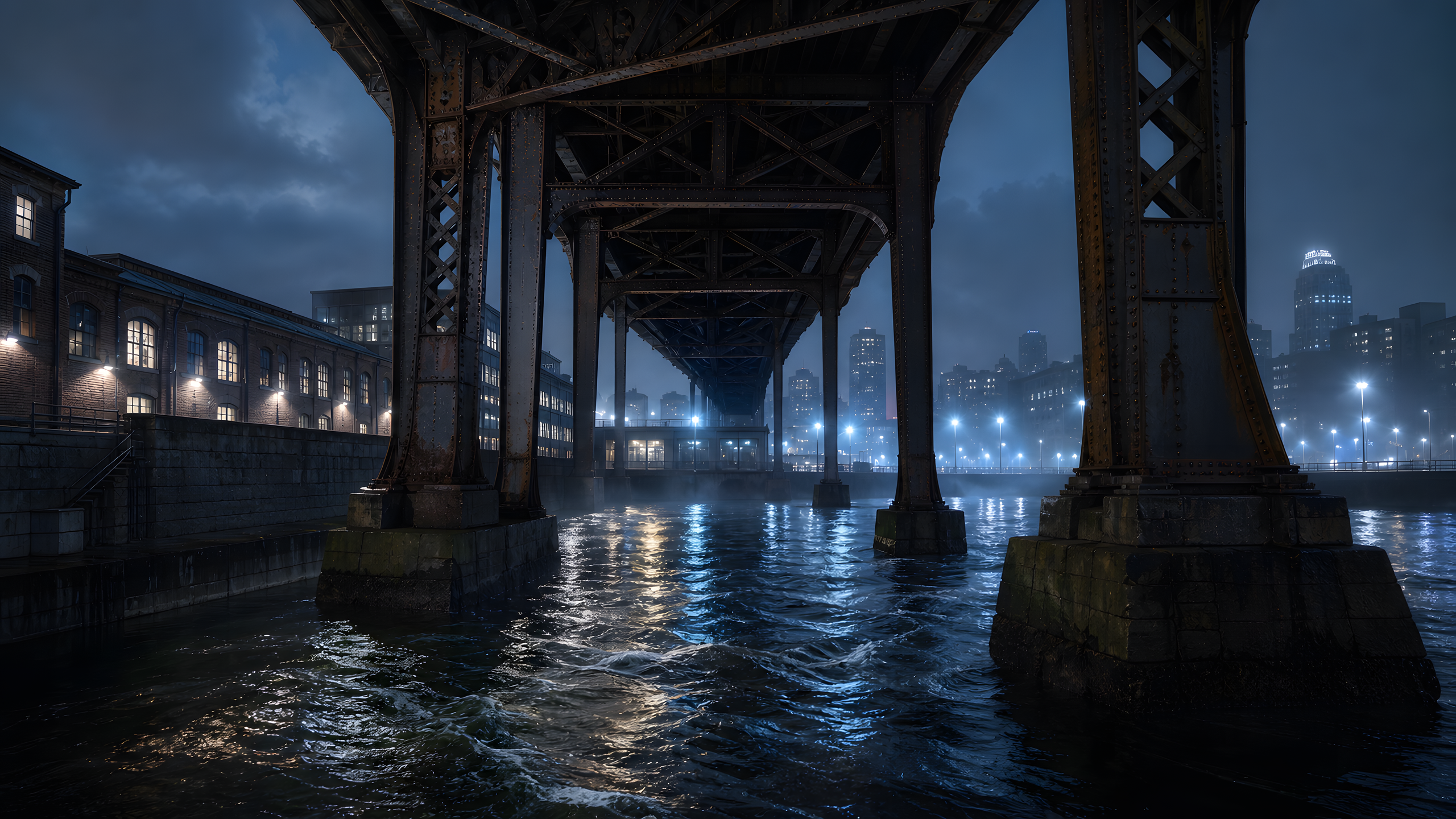A rain-dark industrial river district seen from beneath a massive riveted steel rail viaduct, with brick warehouses, floodwalls and a distant anonymous skyline, original 4K cities wallpaper