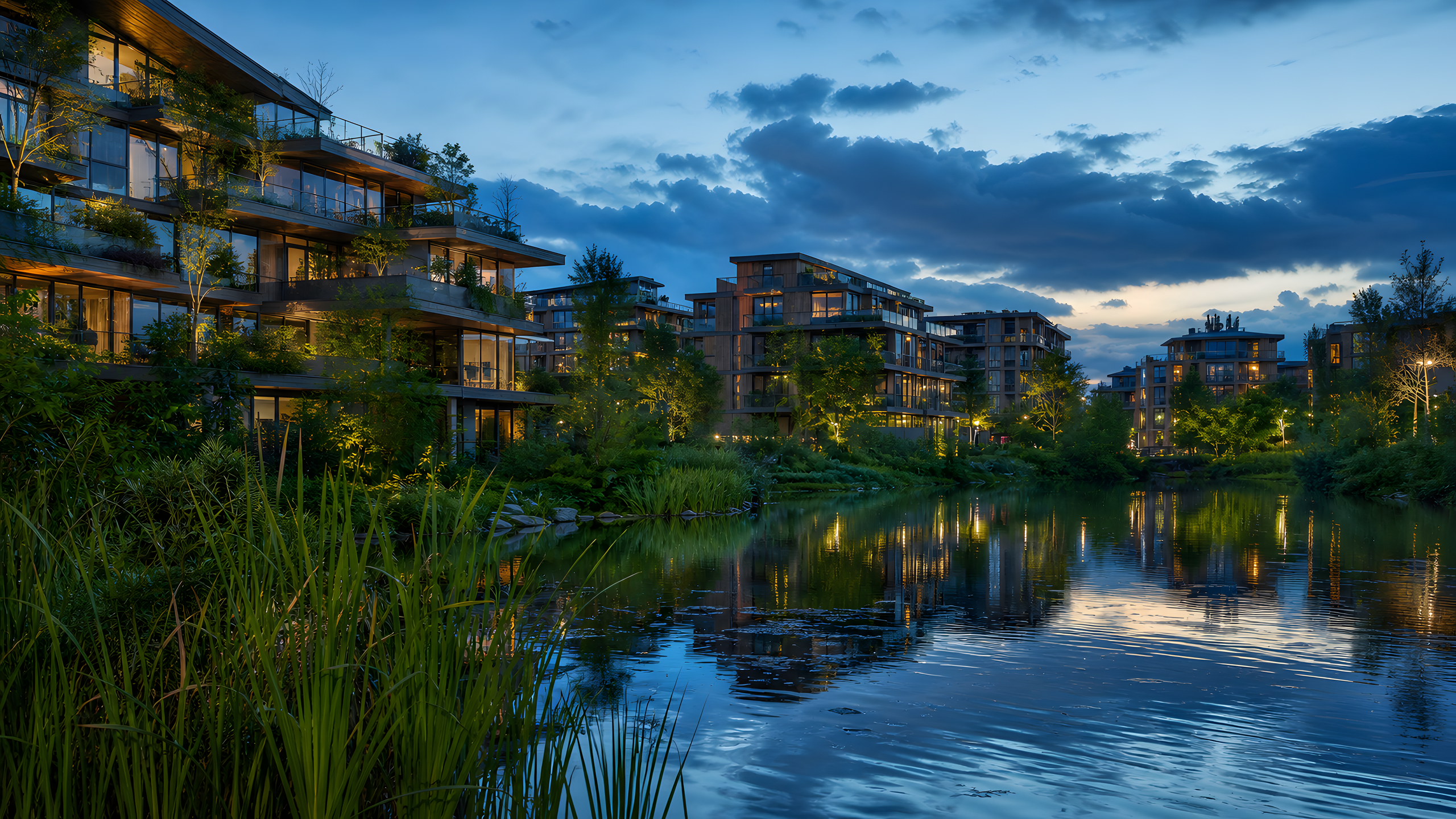 Timber-and-glass mid-rise buildings, planted balconies and mature wetland gardens surrounding an irregular urban lake after rain at early night, original 4K cities wallpaper