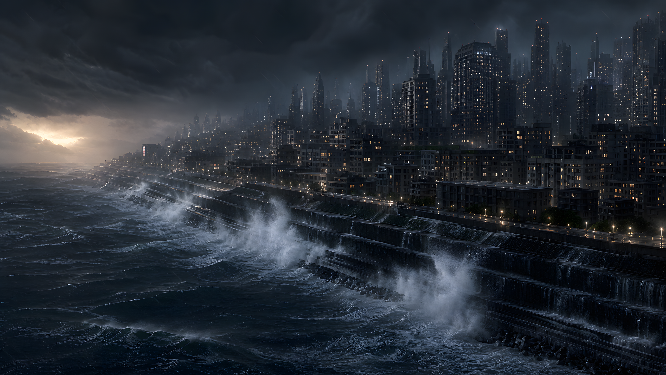 A dense coastal metropolis behind a massive tiered seawall during a powerful night storm, with believable swell, spray plumes and a distant amber stormbreak, original 4K cities wallpaper