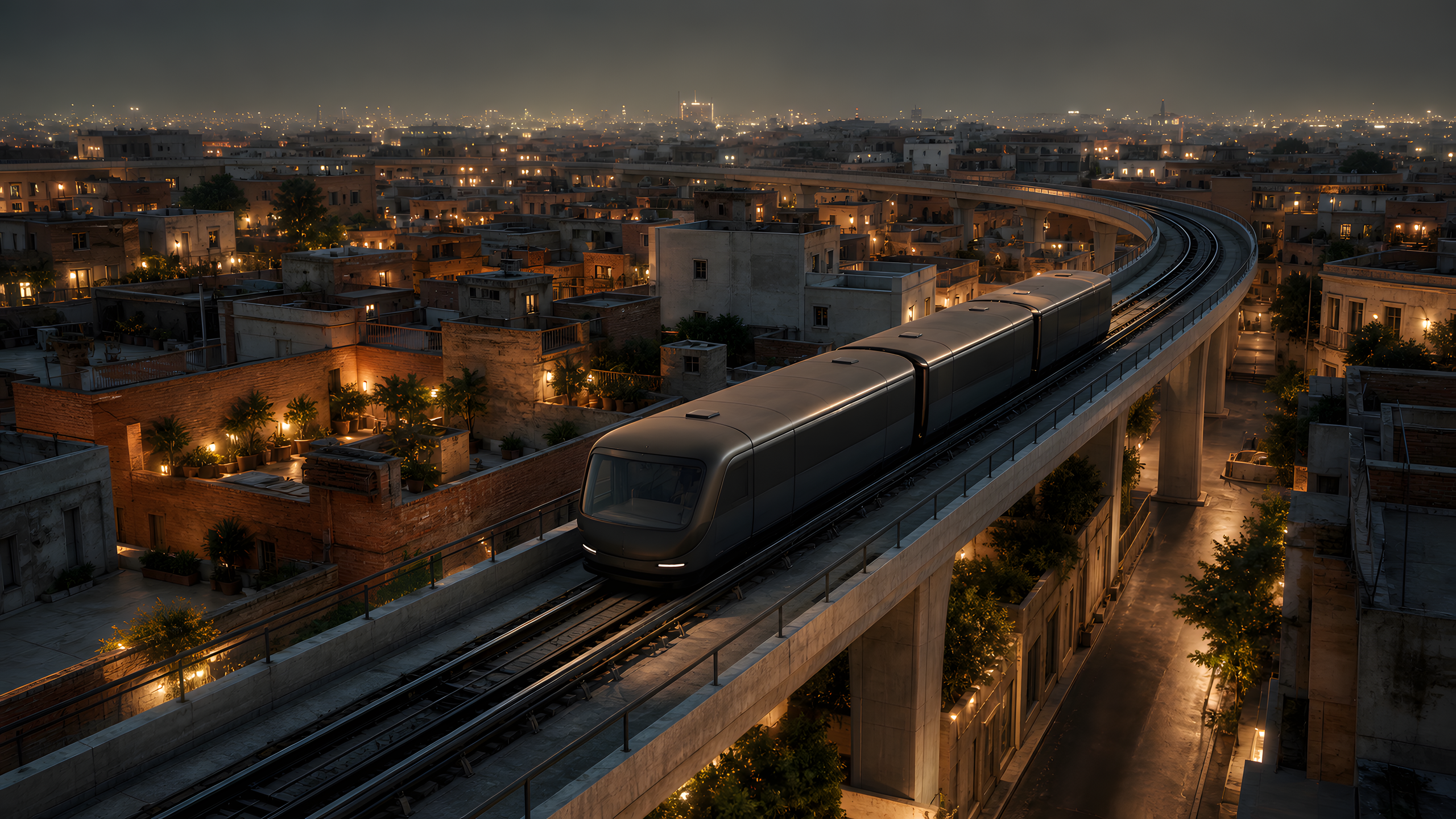A newly designed matte-graphite light train following a broad curving concrete viaduct above original terracotta and pale-stone neighborhoods on a humid summer night, original 4K cities wallpaper