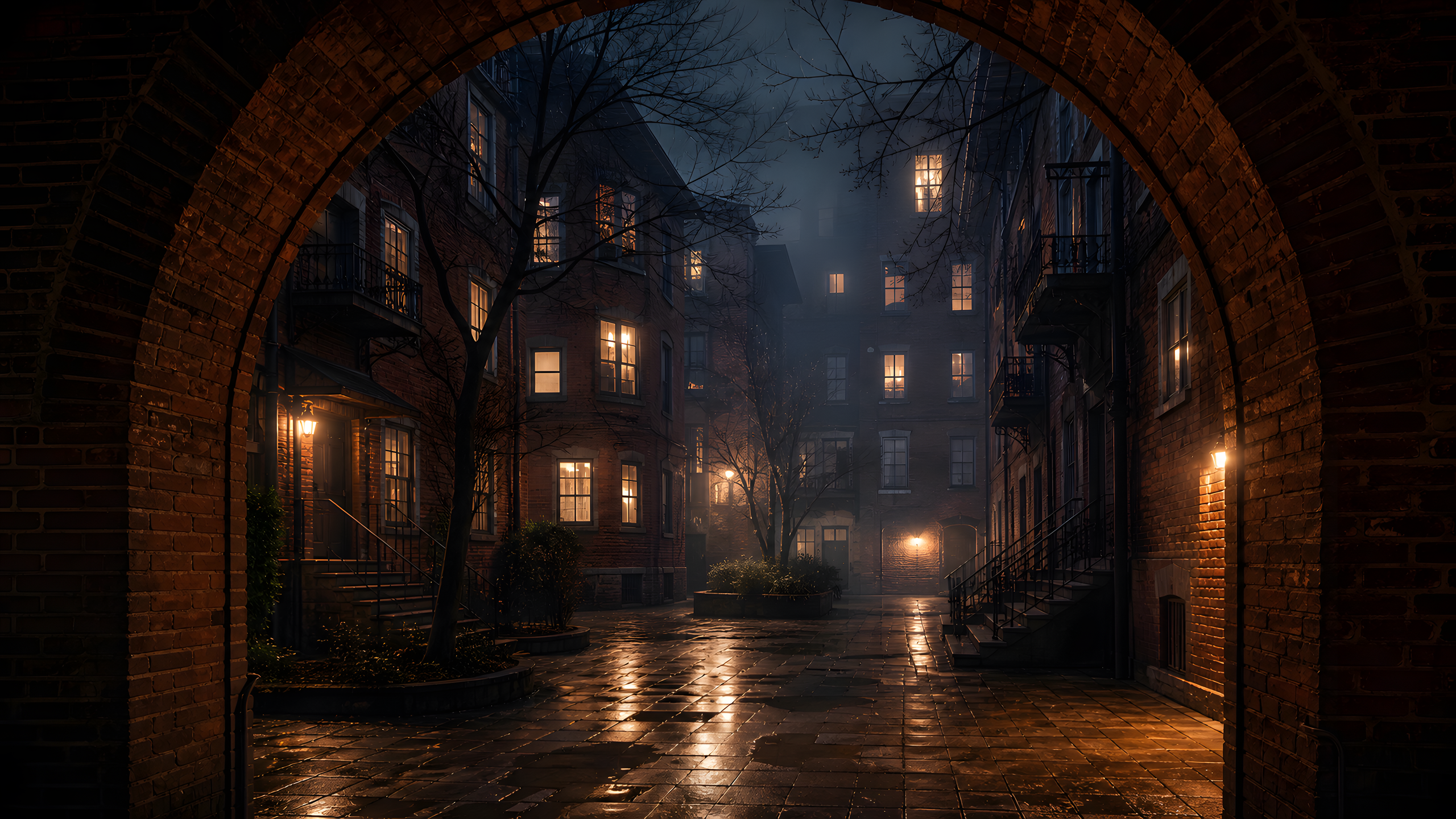 An intimate red-brick residential courtyard framed through a complete masonry arch, with rain-dark paving, winter trees and irregular warm window light in ground fog, original 4K cities wallpaper