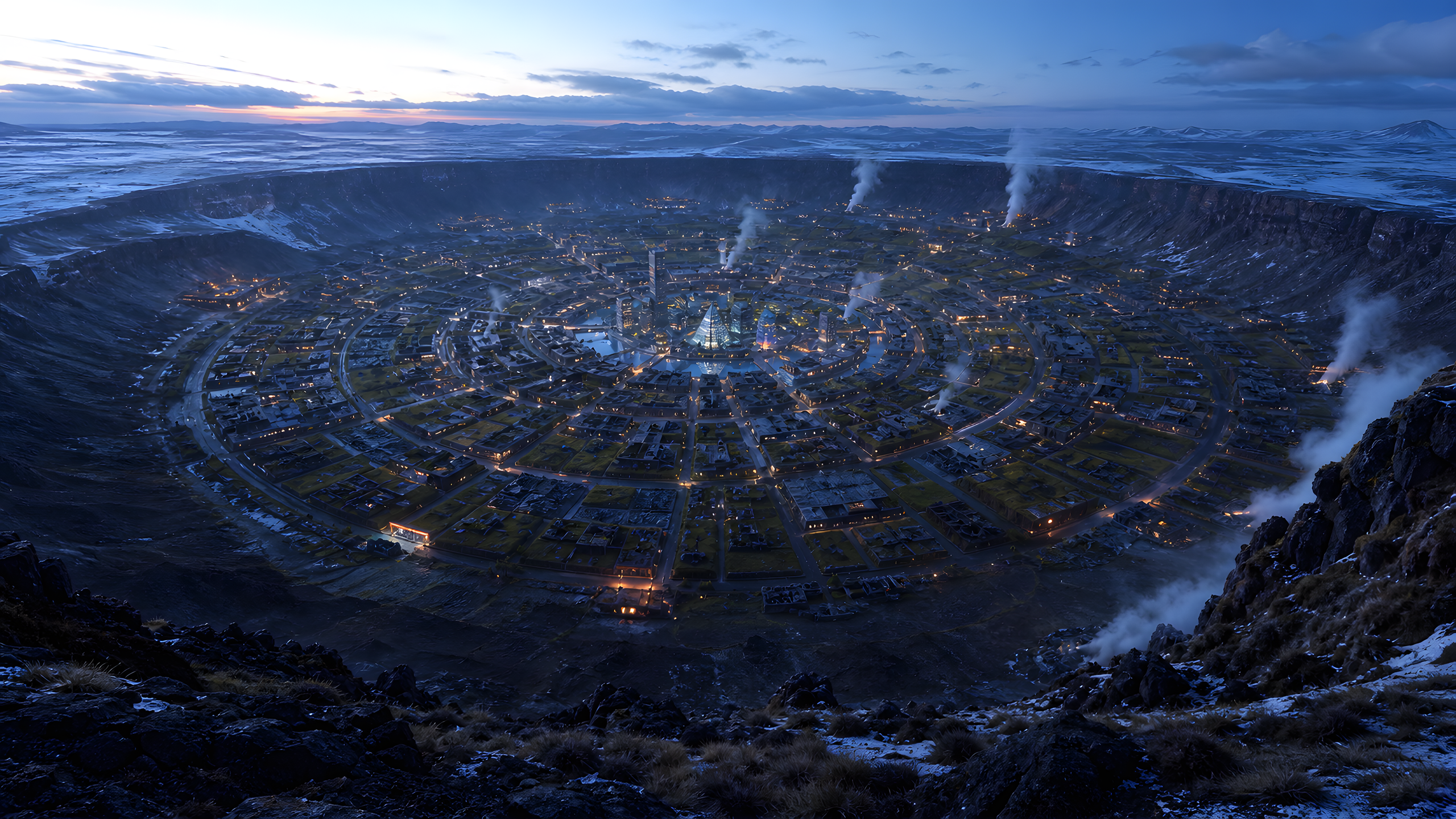 A high-altitude city arranged in a radial plan inside an ancient volcanic basin, with dark local-stone neighborhoods and geothermal steam before dawn, original 4K cities wallpaper