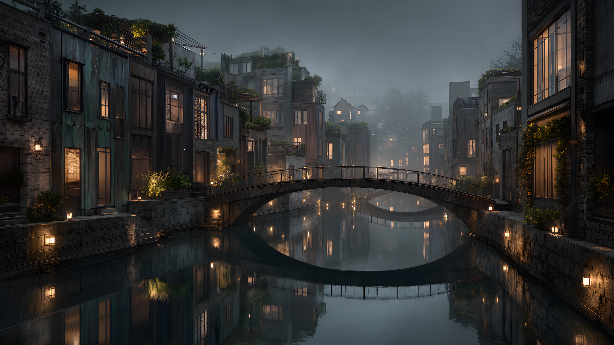 Varied narrow stone, timber and oxidized-metal residences lining a bending urban canal beneath two low pedestrian arches on a foggy night, original 4K cities wallpaper