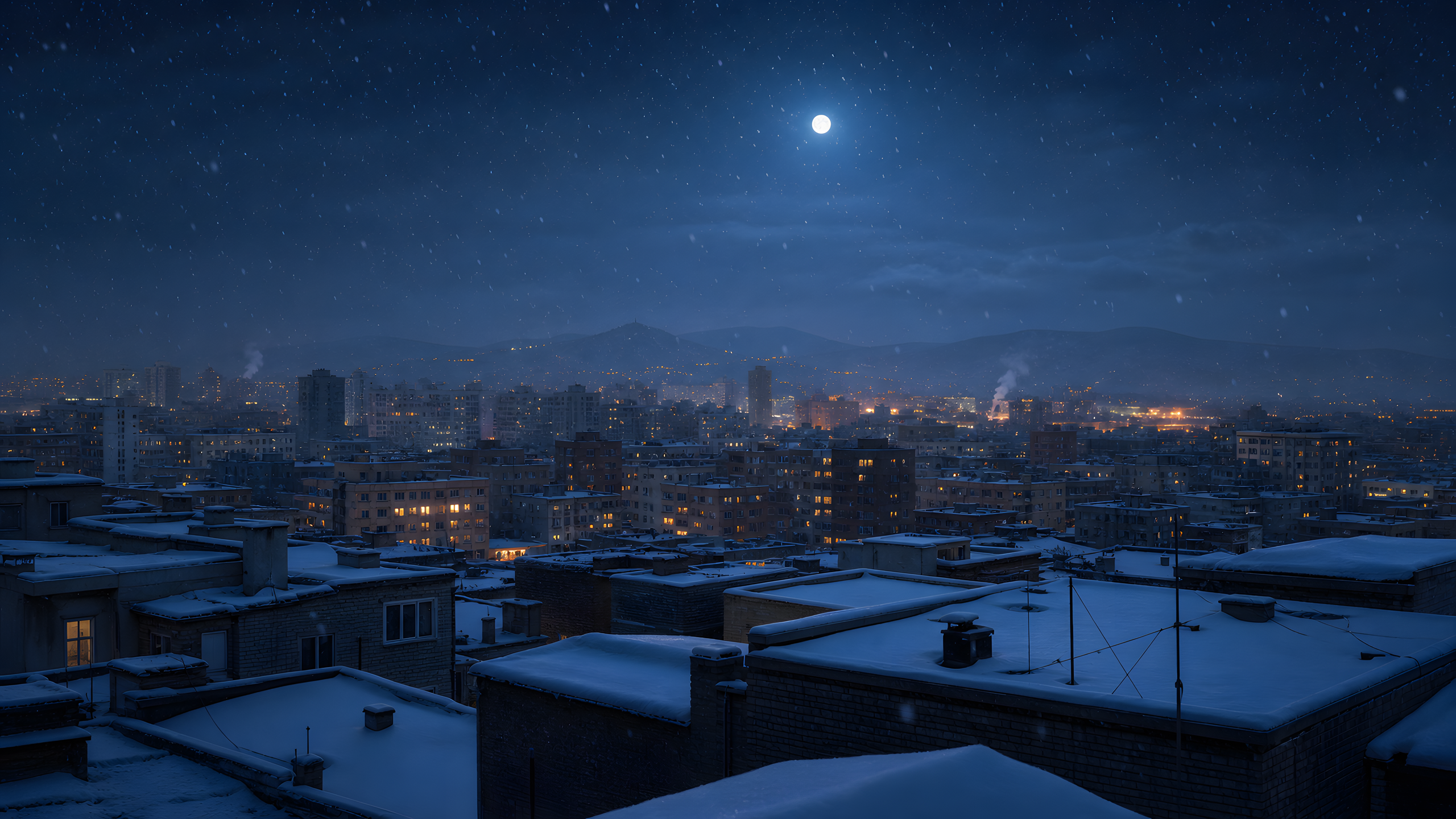 A quiet inland city seen across snow-covered foreground roofs toward a broad low skyline and distant hills beneath a small moon and light midnight snowfall, original 4K cities wallpaper
