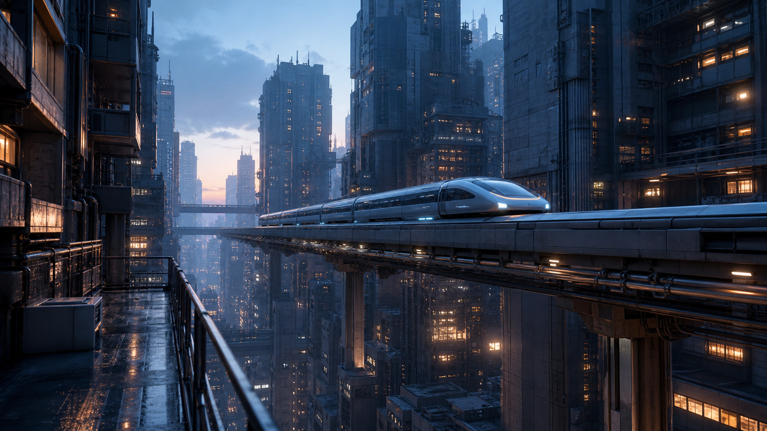 A silent unbranded elevated maglev line crossing a dense vertical city canyon at blue dawn, with warm window grids, wet balcony edges and deep architectural scale, original 4K sci fi worlds wallpaper