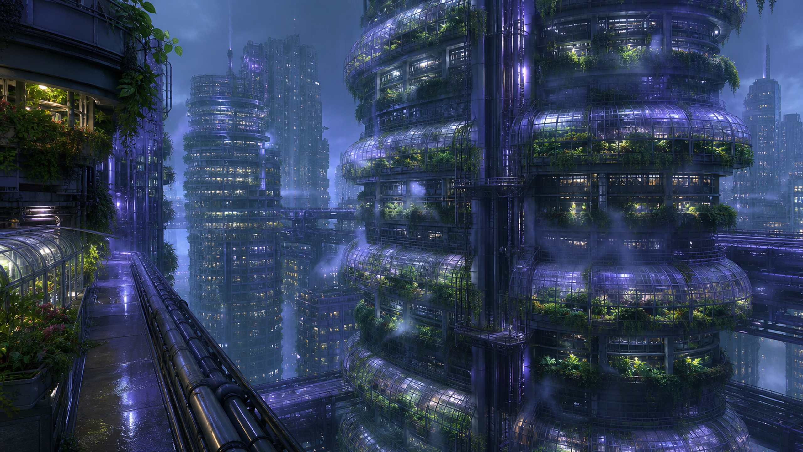 Misty cyberpunk towers wrapped in hydroponic terraces, greenhouse ribs, irrigation pipes and violet maintenance lights above a dense anonymous future city, original 4K sci fi worlds wallpaper