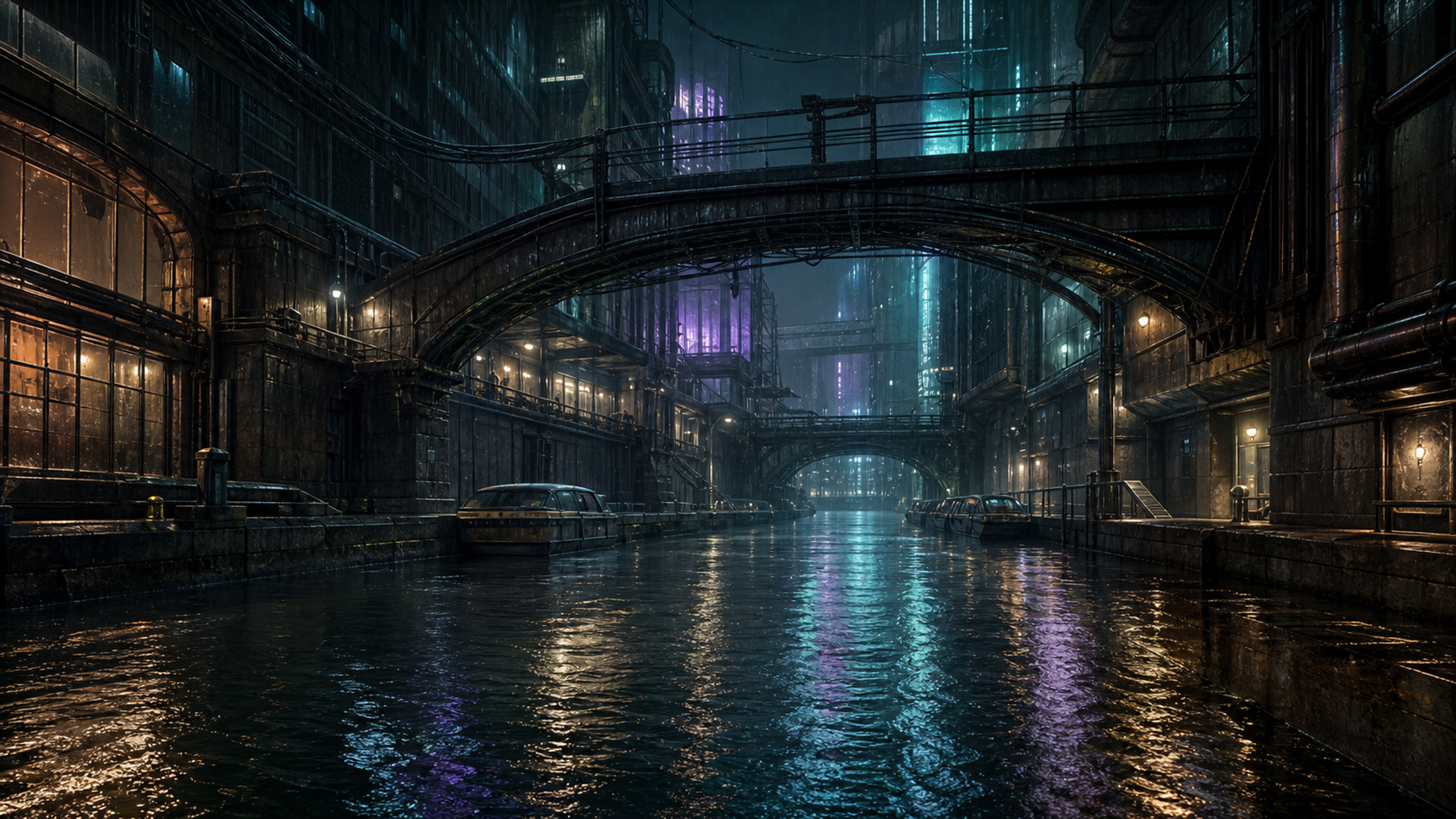 A low water-level view down a rainy urban canal between anonymous arcologies, arched utility bridges, blank light panels and rippling turquoise-violet reflections, original 4K sci fi worlds wallpaper