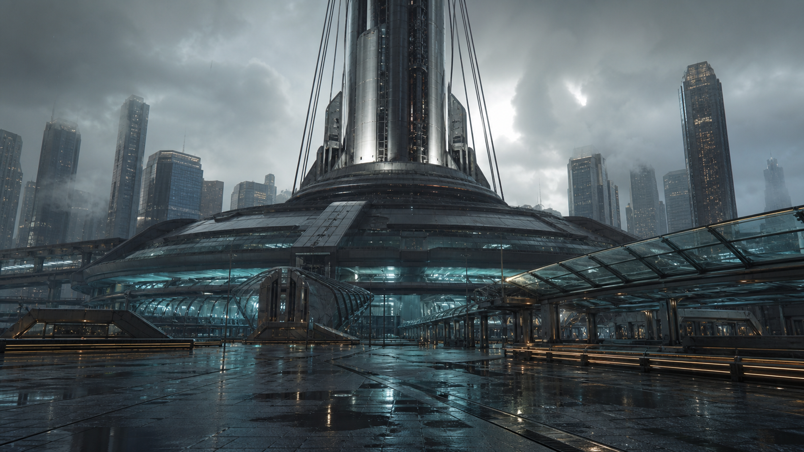A massive orbital elevator base rising from an empty rain-washed megacity plaza, with layered transit decks, glass canopies, cable bundles and storm-cloud scale, original 4K sci fi worlds wallpaper