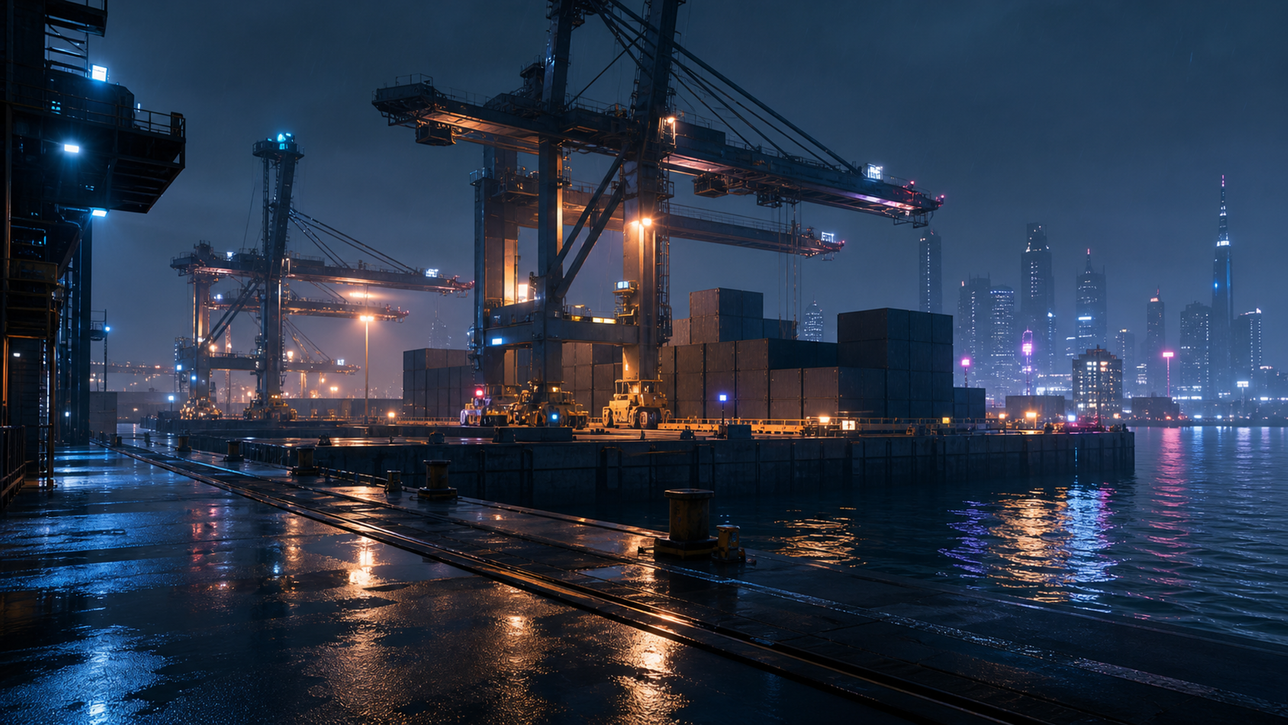 An automated cyberpunk cargo harbor with blank container blocks, unmarked cranes, wet dock rails, seawall reflections and a distant anonymous neon skyline, original 4K sci fi worlds wallpaper