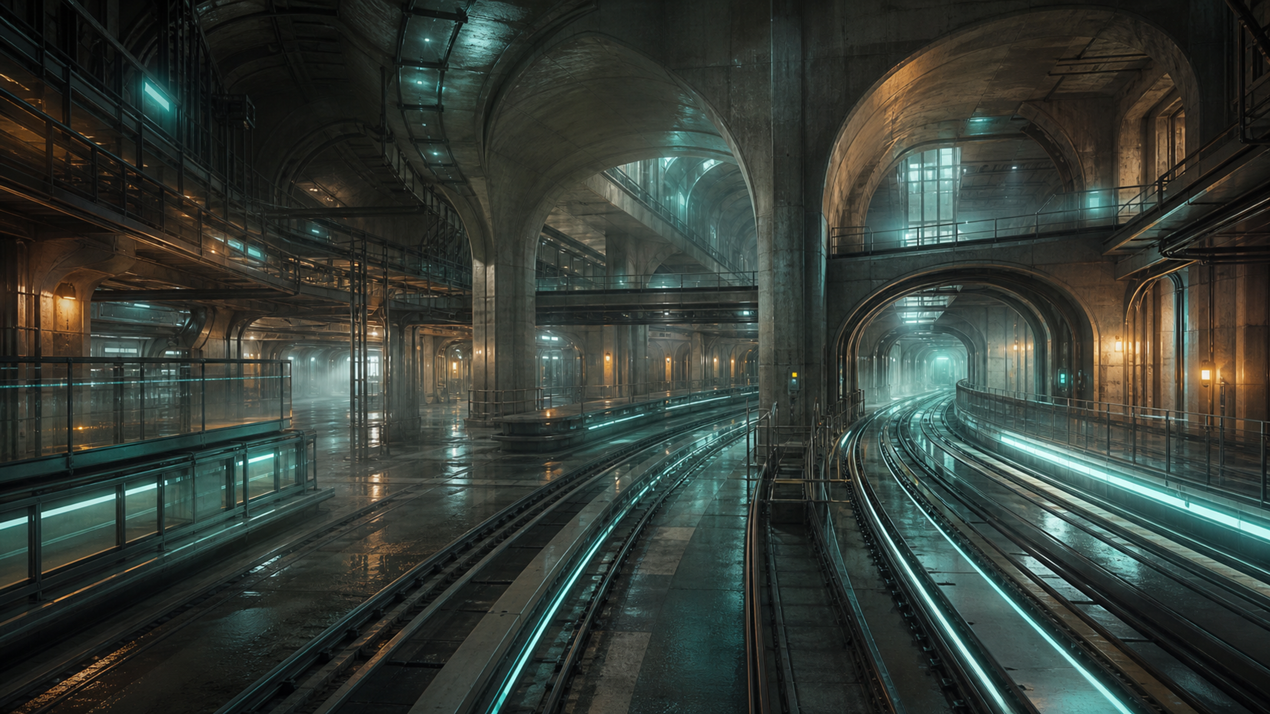 An empty underground transit megahall of luminous rails, concrete vaults, glass platform barriers, condensation, puddles and warm service lights, original 4K sci fi worlds wallpaper