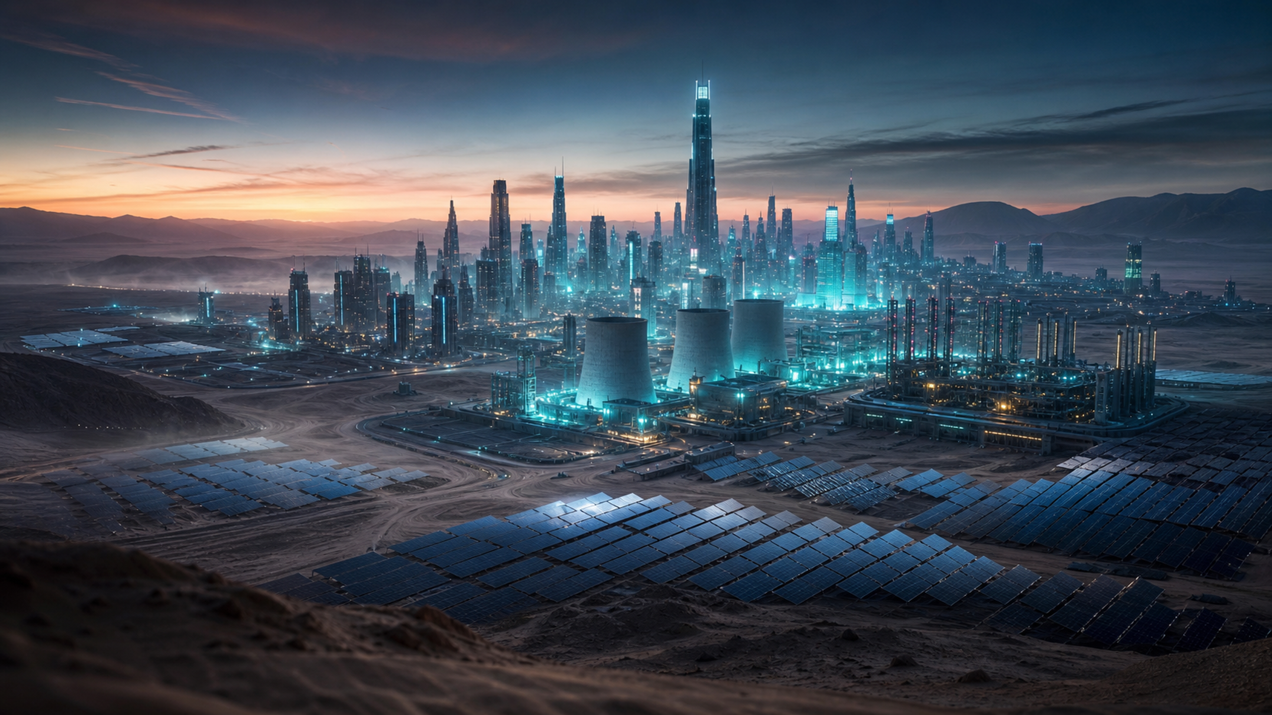 An isolated desert data-city surrounded by solar mirror fields, blank cooling towers, heat exchangers, dust haze and turquoise coolant glow at dusk, original 4K sci fi worlds wallpaper