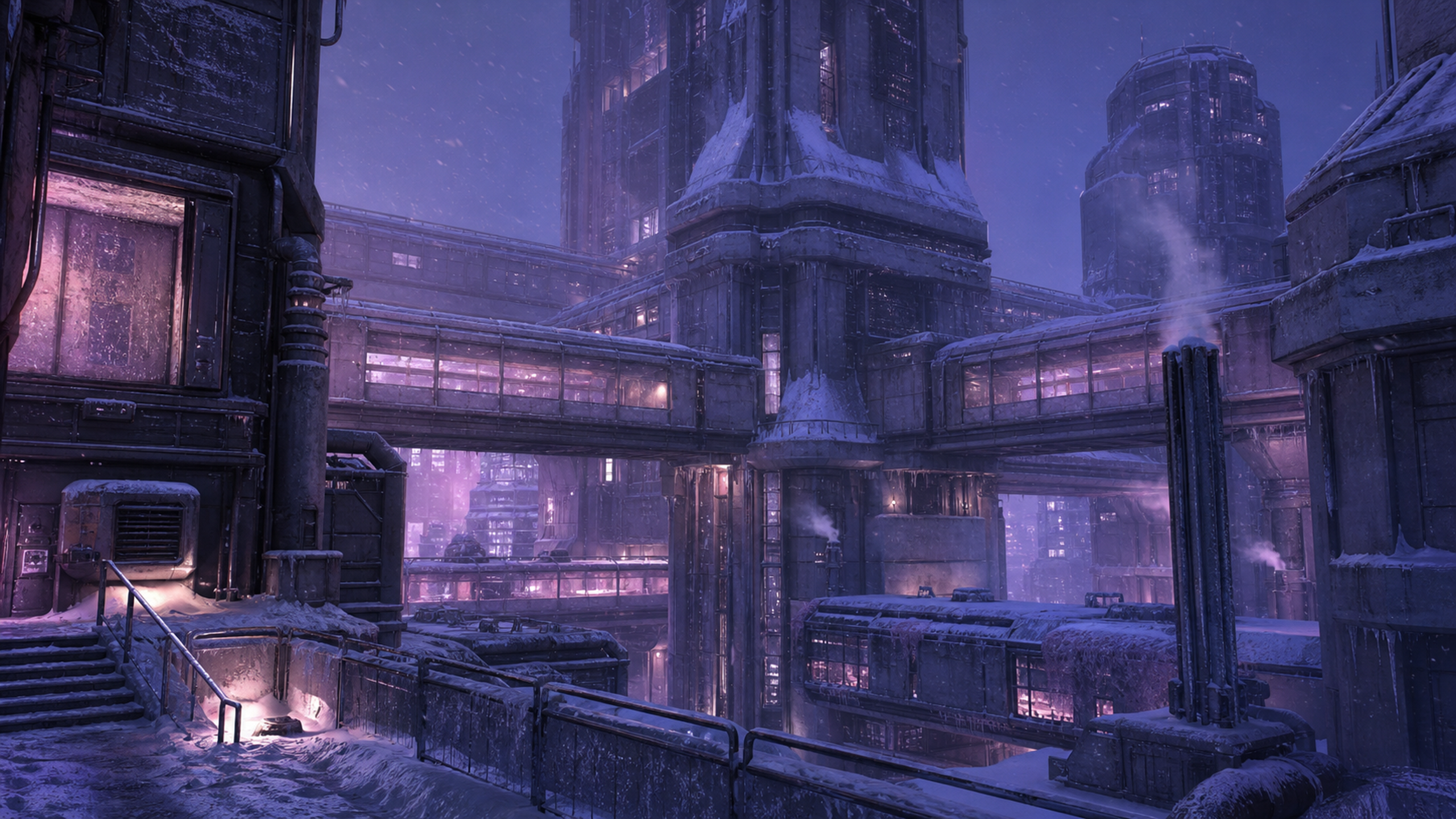 A snowbound arcology district with heated skybridges, frosted glass, icicles, steam vents and violet evening light across empty elevated walkways, original 4K sci fi worlds wallpaper