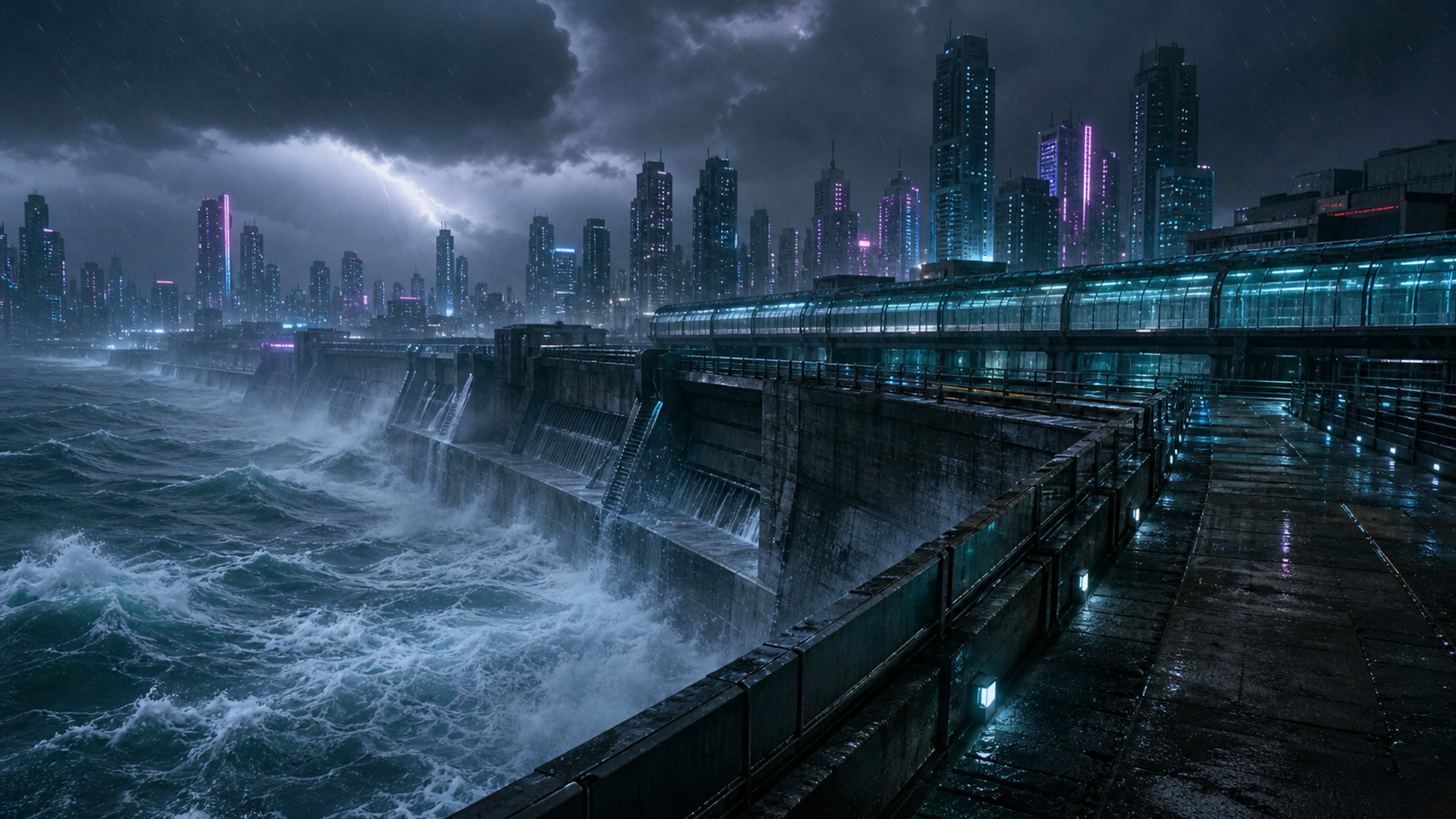 A storm-lashed future coastal metropolis behind massive concrete seawalls, cyan floodlights, neon wave spray, rain and empty elevated walkways, original 4K sci fi worlds wallpaper