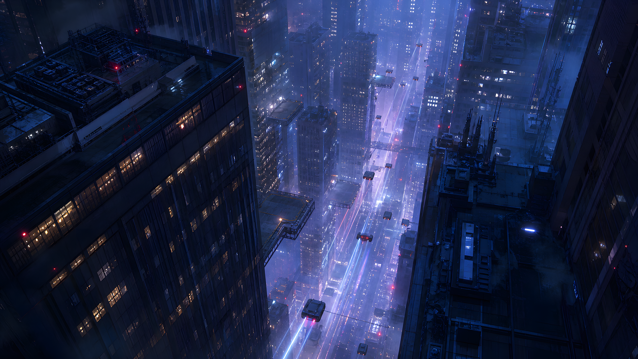 A high aerial view down a canyon of original skyscrapers with tiny unmarked delivery drones, light trails, rooftop machinery and blue-violet rain haze, original 4K sci fi worlds wallpaper