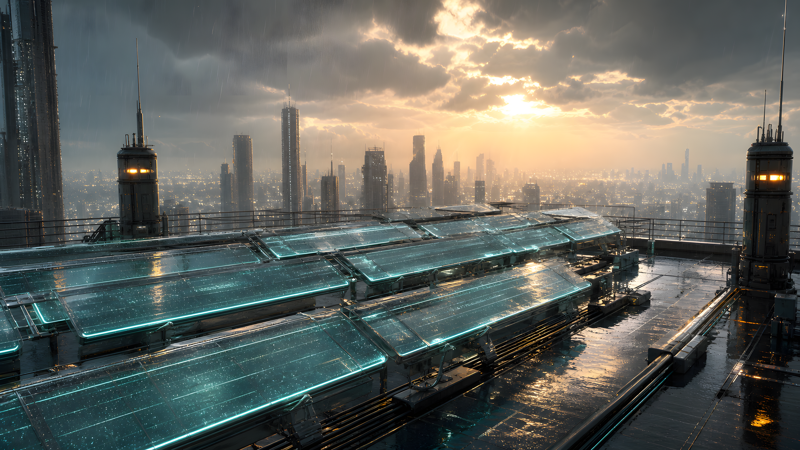 A high rooftop field of translucent energy collectors above a dense future city, with wet glass panels, golden stormbreak light and cyan collector glow, original 4K sci fi worlds wallpaper