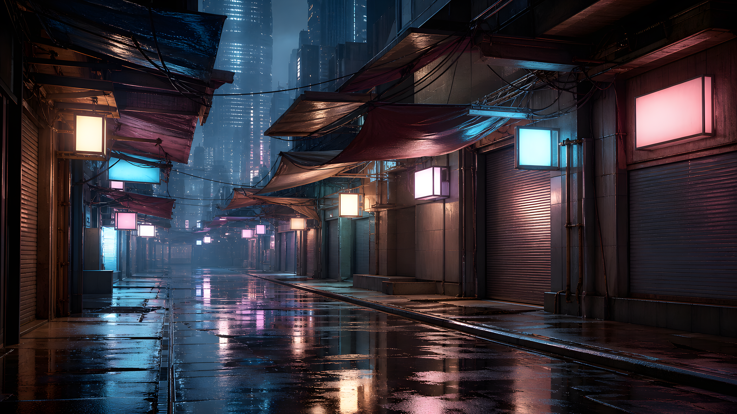 An empty rain-wet cyberpunk street of layered fabric awnings, blank lantern-like light boxes, closed shutters, cables and vivid puddle reflections, original 4K sci fi worlds wallpaper