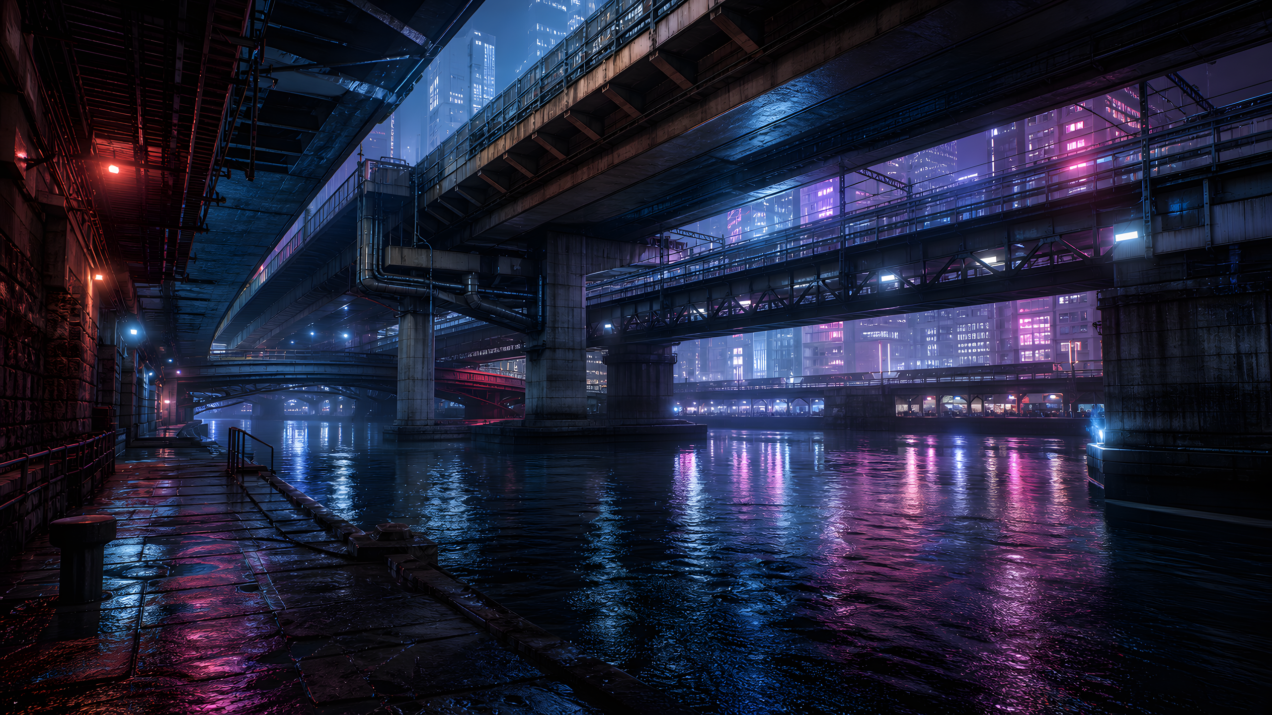 A low riverbank viewpoint beneath stacked expressways and rail bridges, with wet concrete, bridge columns, saturated neon water reflections and rain mist, original 4K sci fi worlds wallpaper