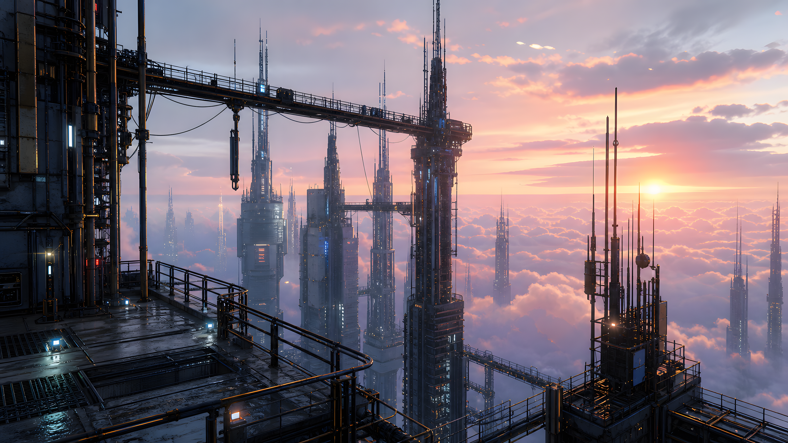 An upper future city district above a sunrise cloud deck, with antenna forests, maintenance gantries, blank mechanical lights and towers fading into glowing vapor, original 4K sci fi worlds wallpaper