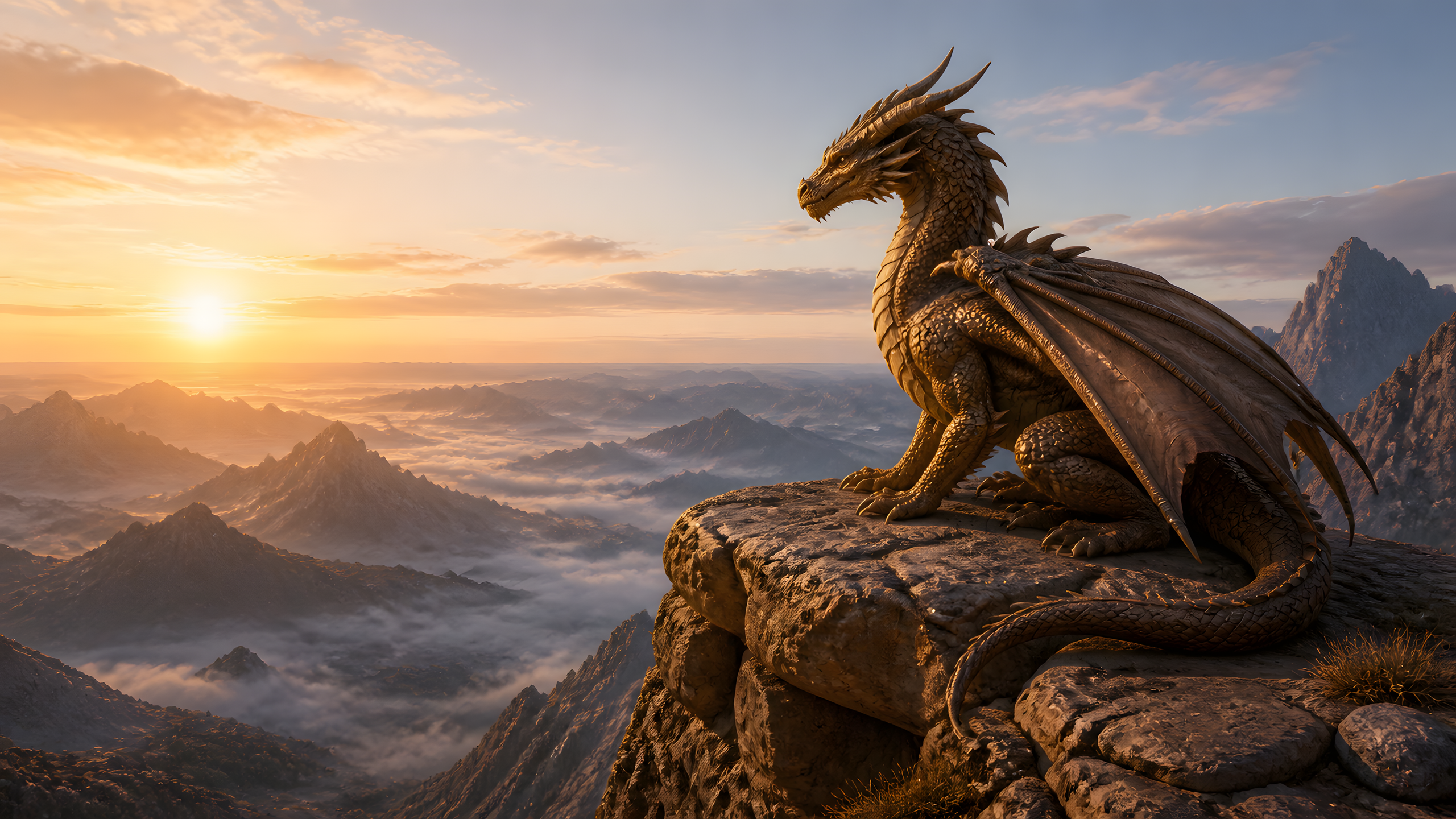 Original bronze dragon perched on a mountain crag above a misty valley at sunrise