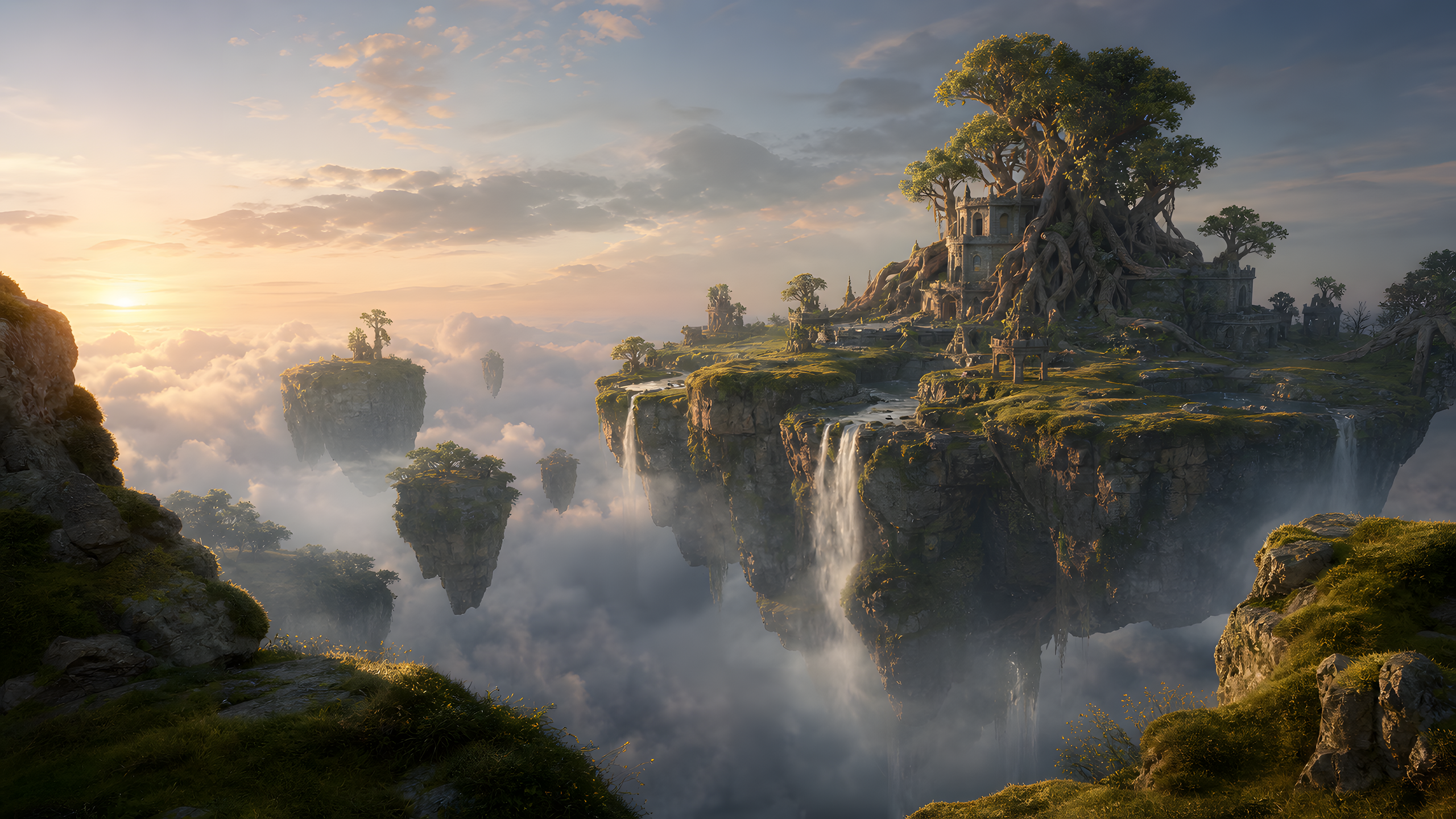 Dawn floating island citadel rooted in giant trees above clouds, original 4K