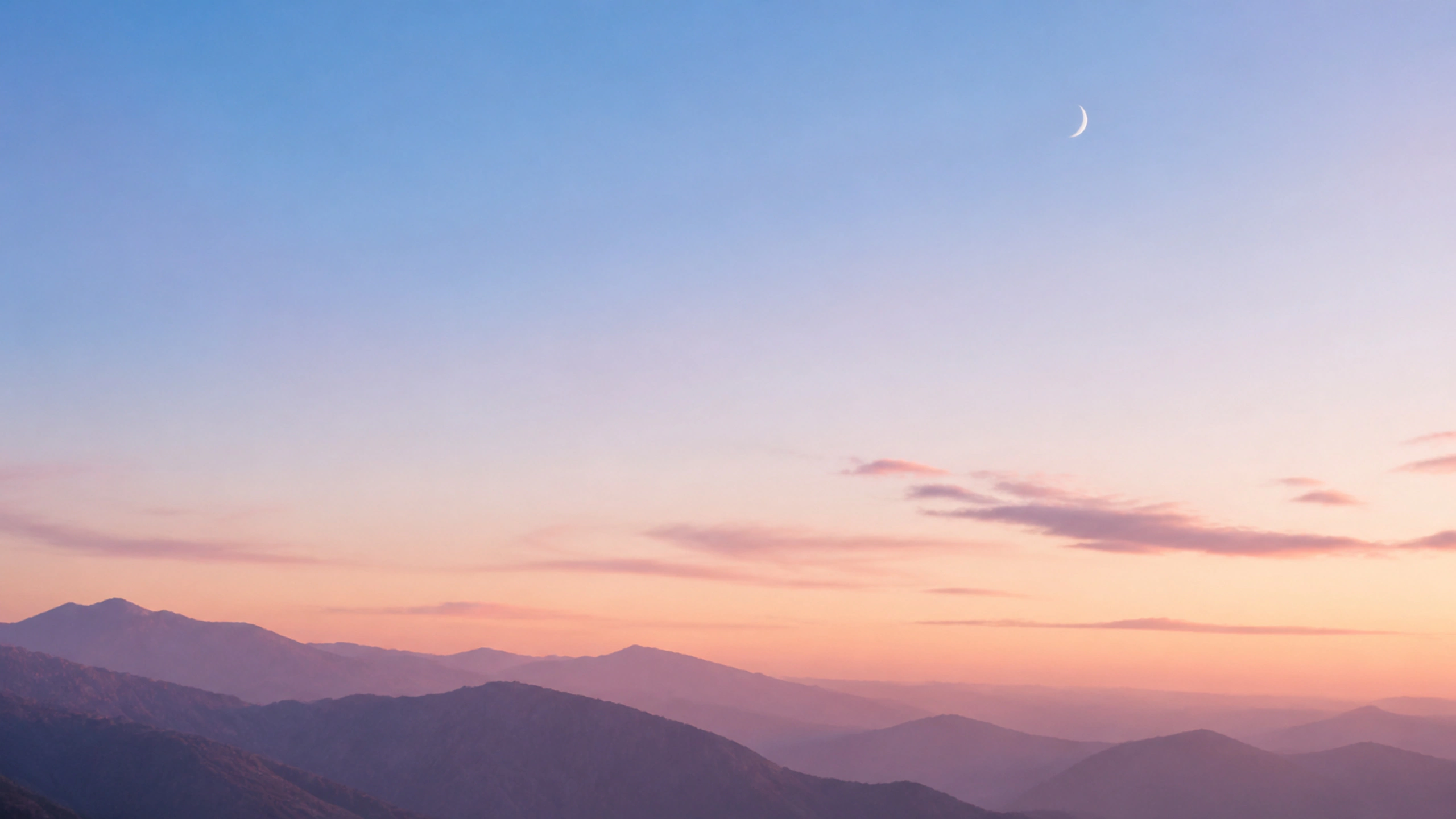 Thin moon above a minimal lavender horizon as warm daylight begins, original 4K pastel wallpaper
