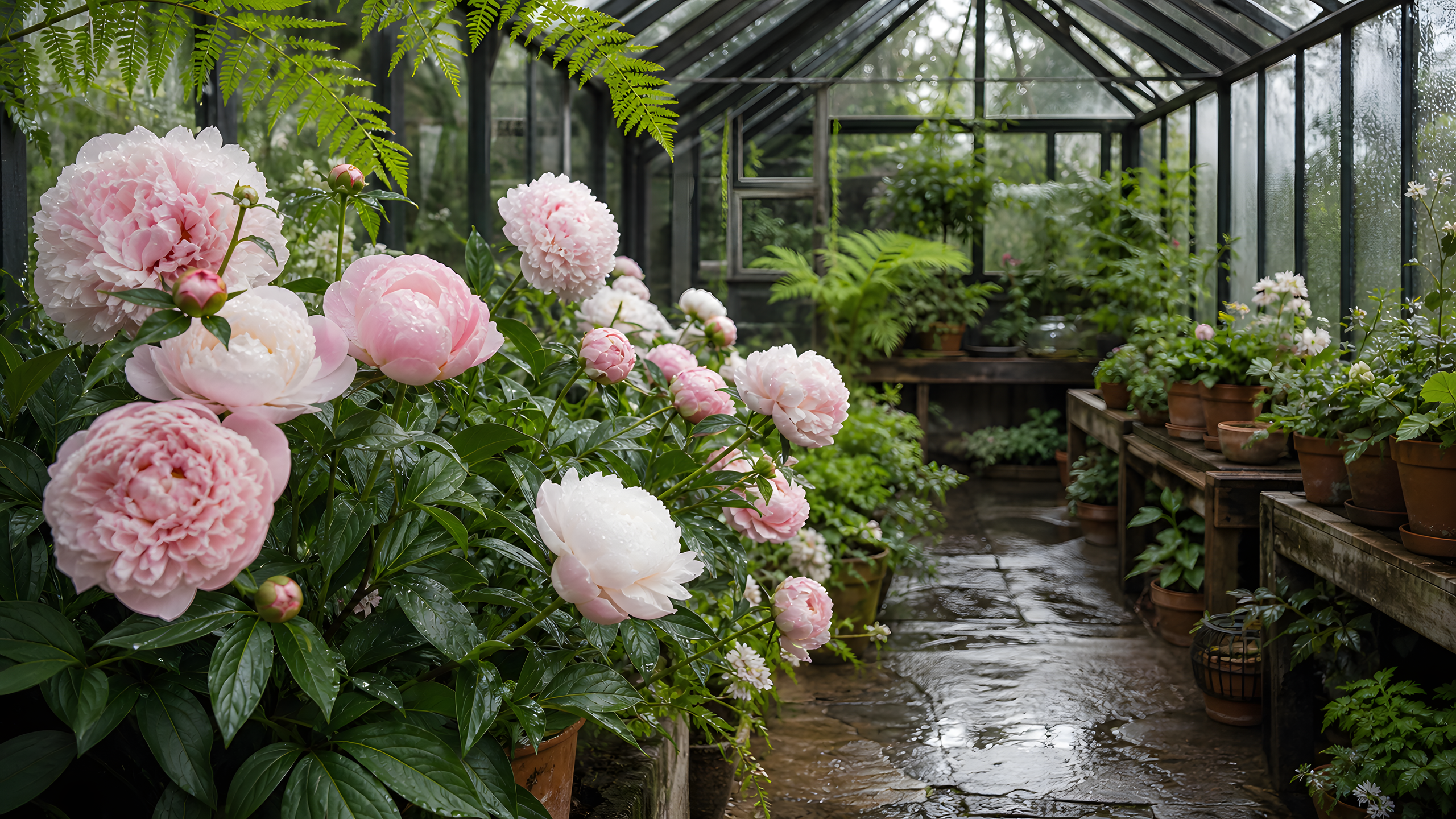 The interior of an original glass greenhouse filled with pale peonies, fern fronds, terracotta pots and weathered timber benches, photographed down an off-center aisle through rain-beaded morning light, original 4K pastel wallpaper
