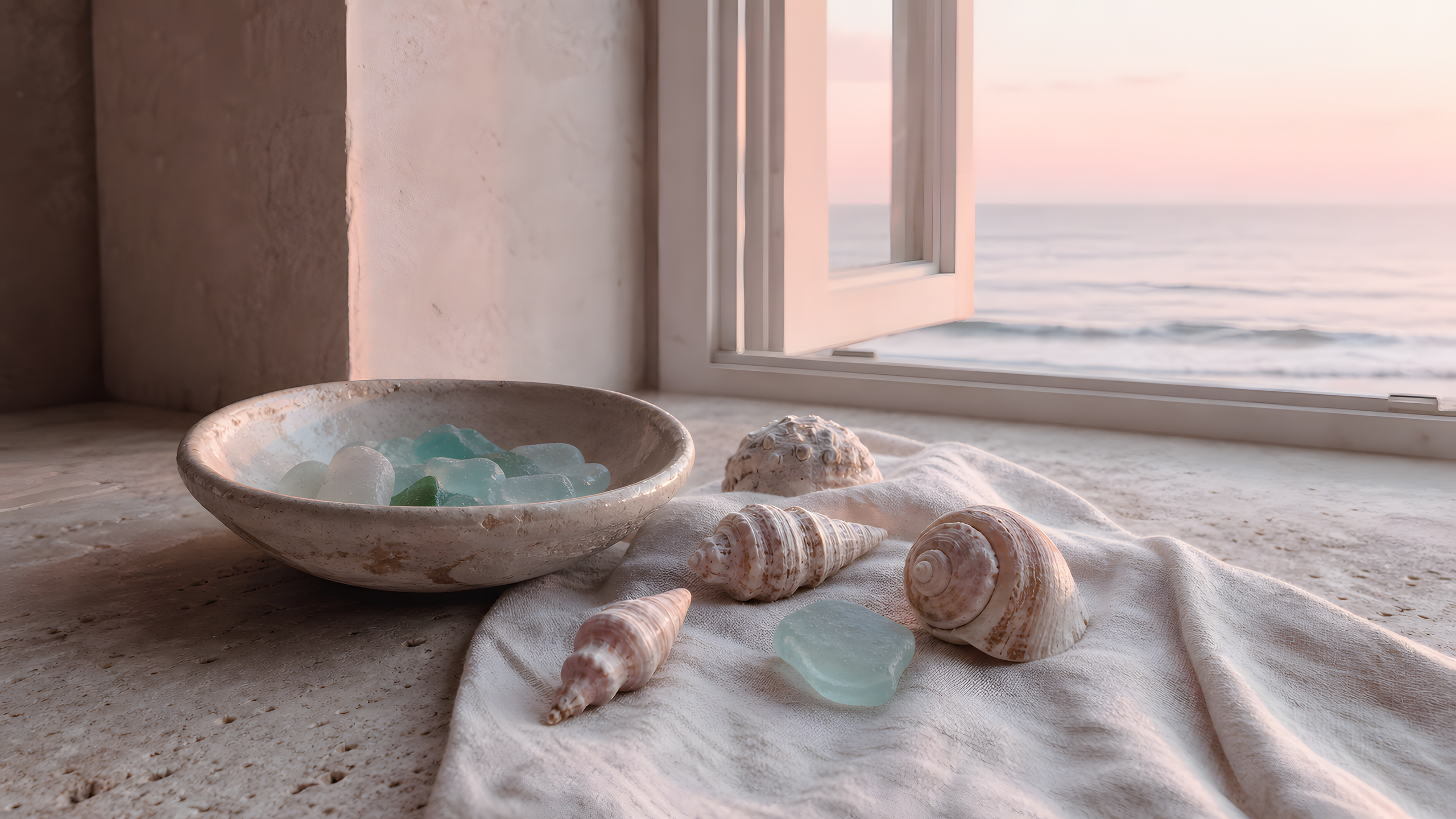 An irregular still life of unbranded spiral shells, worn sea glass, natural linen and a handmade ceramic bowl on aged travertine beside an open coastal window at gentle pink dawn, original 4K pastel wallpaper