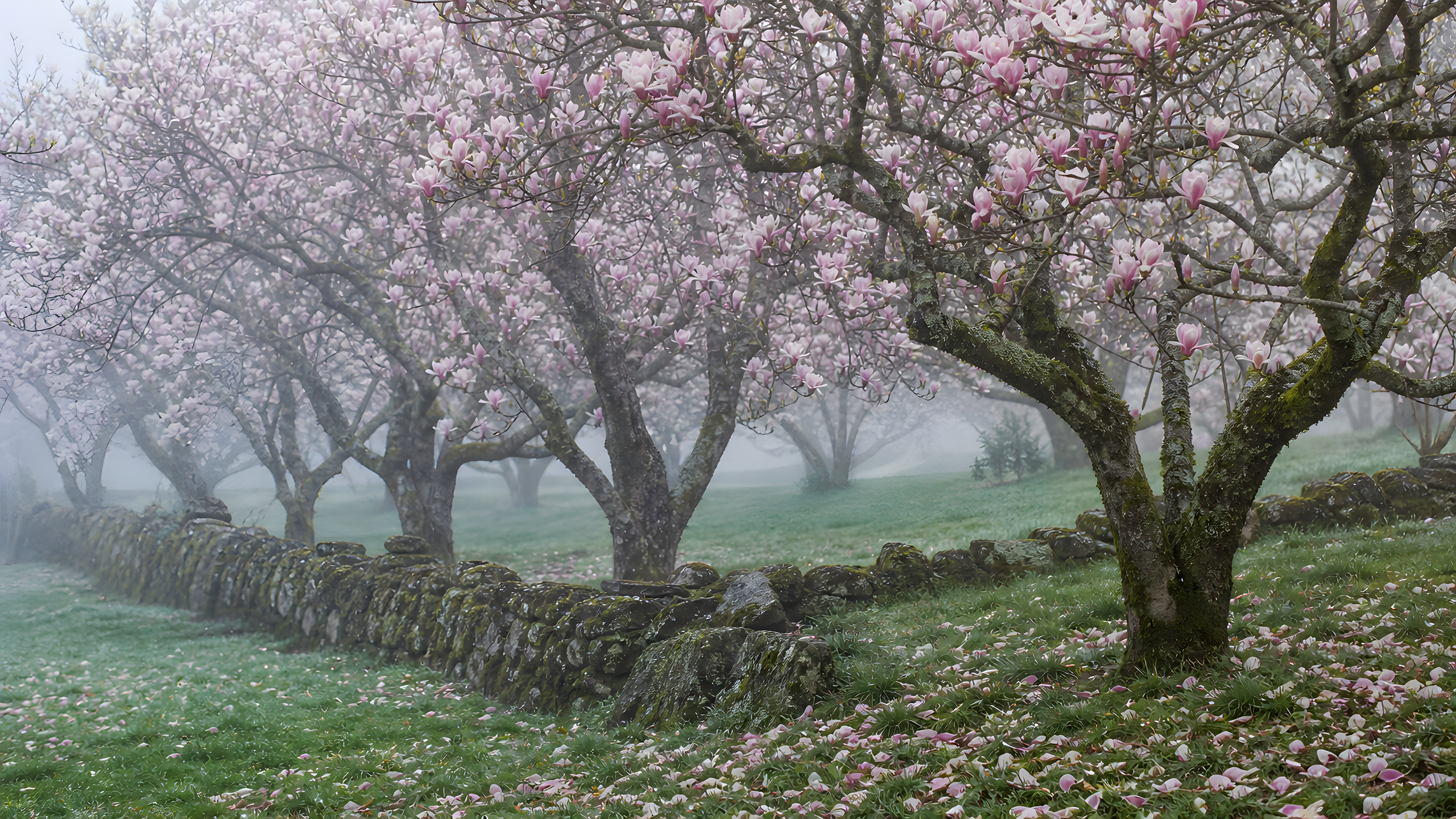 An old magnolia orchard at peak pale-pink bloom with mossy trunks, dew-heavy grass, fallen petals and a weathered stone wall, compressed across staggered tree rows in luminous spring fog, original 4K pastel wallpaper