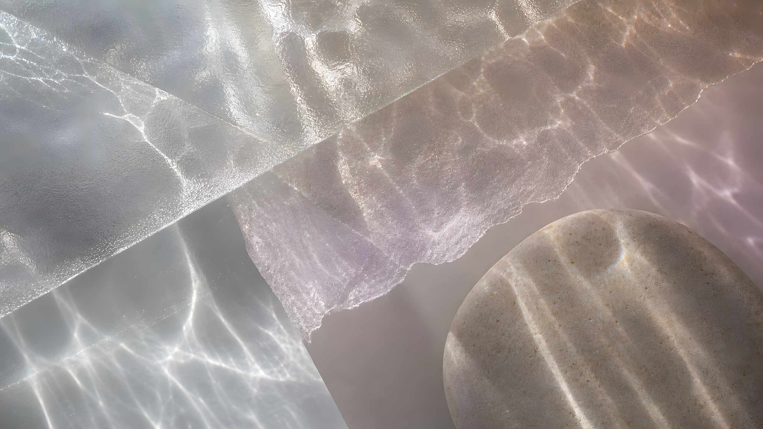An abstract but physically believable macro study of rippled water caustics moving across layered frosted glass, handmade translucent paper and smooth pale stone in restrained blush and lilac natural light, original 4K pastel wallpaper
