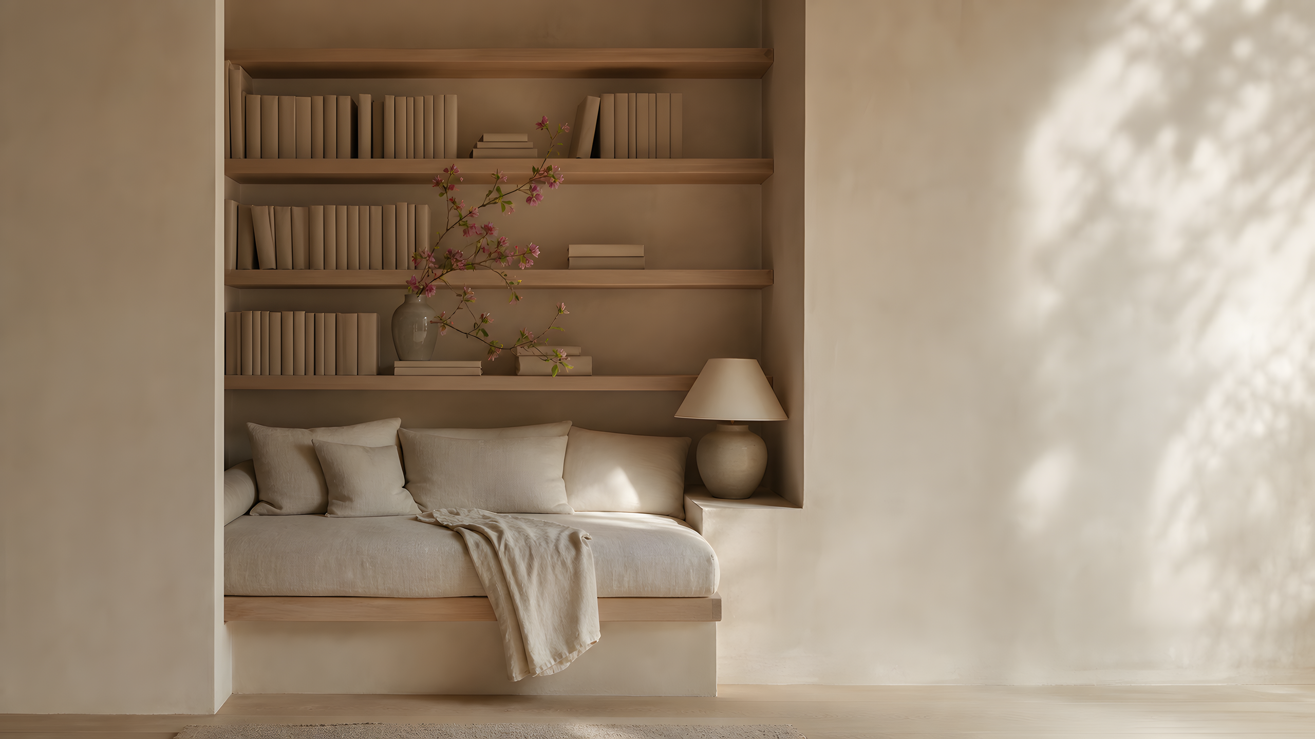 A wholly original compact reading alcove with limewashed walls, a natural-linen daybed, pale timber shelves of blank-spined books, a ceramic lamp and one flowering branch in reflected late-morning light, original 4K pastel wallpaper