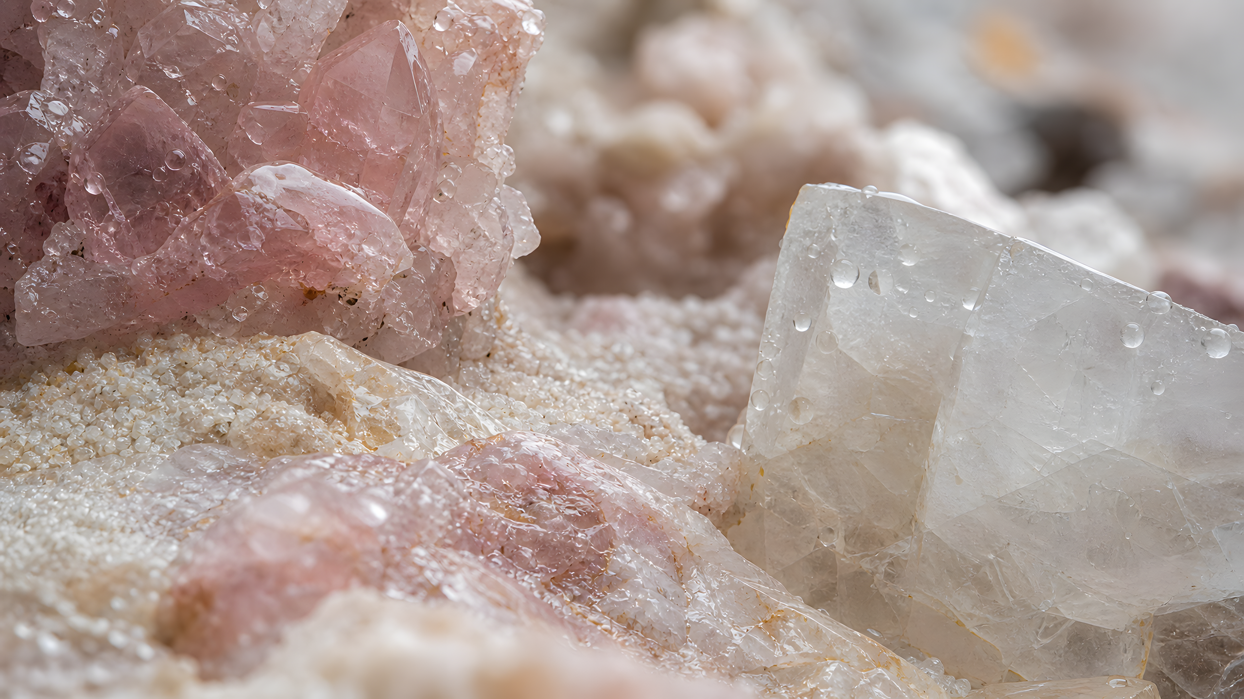 A geological macro landscape of raw rose quartz, translucent calcite, fine pale sand and fresh rain droplets, photographed at a low grazing angle with fully resolved crystalline microtexture, original 4K pastel wallpaper