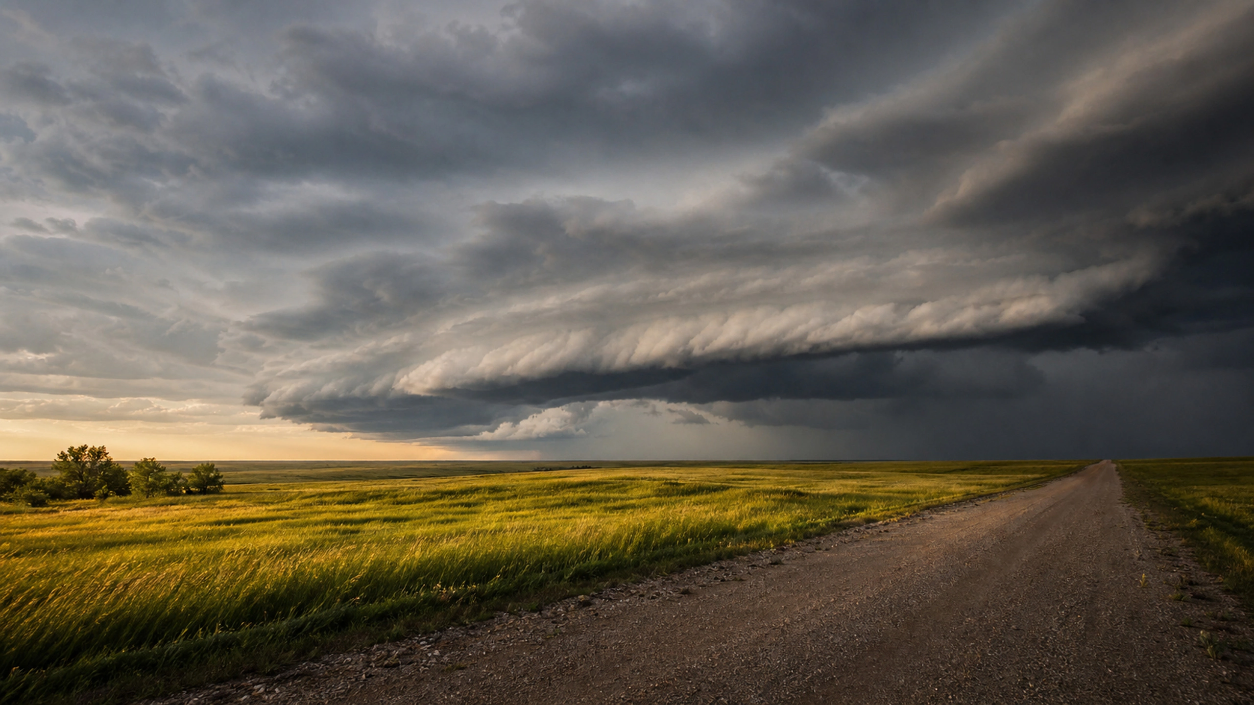 Massive structured shelf cloud advancing over green prairie and an empty gravel road, original 4K weather wallpaper