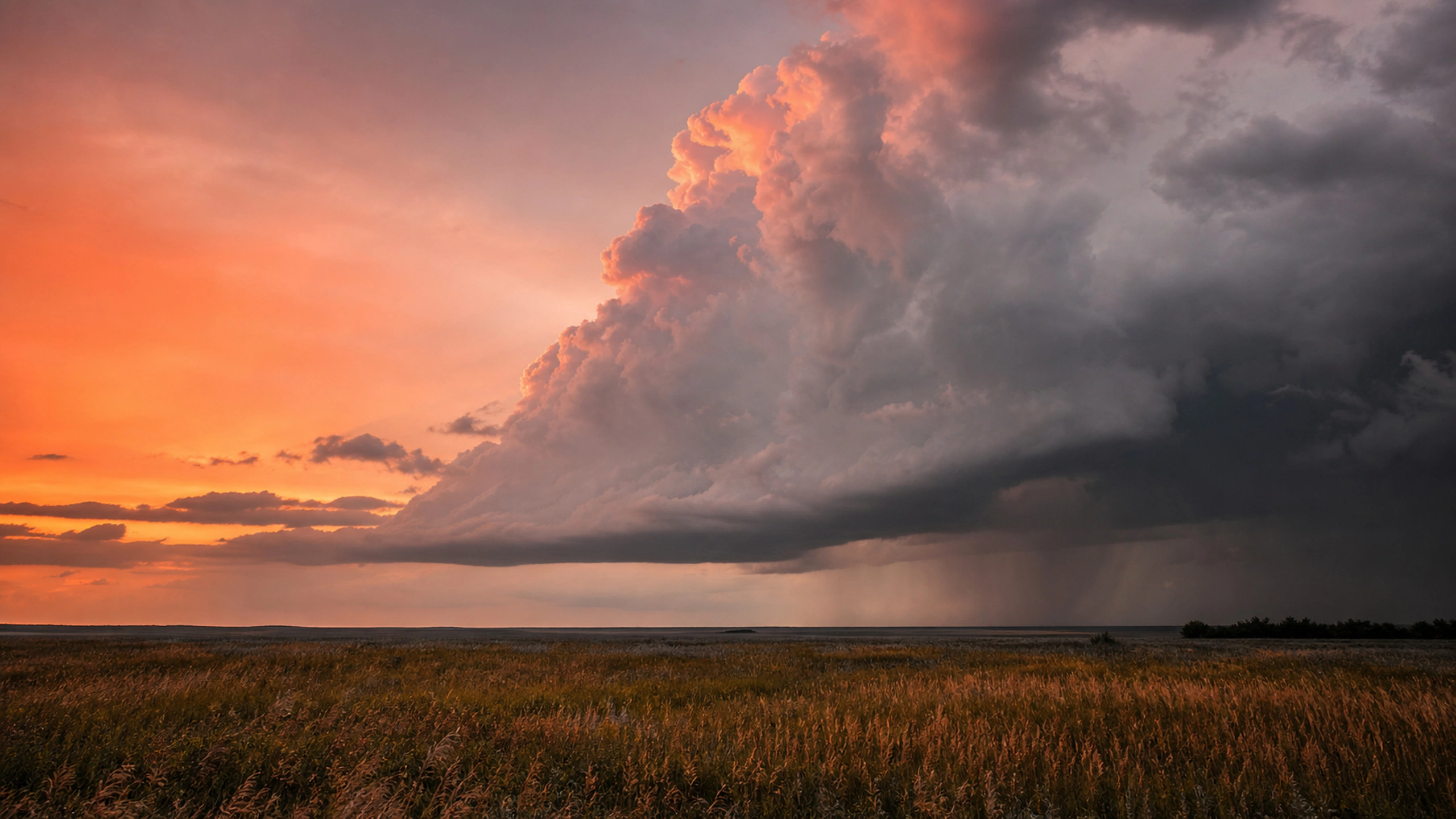 Towering cumulonimbus catching restrained coral sunset above a dark field, original 4K weather wallpaper