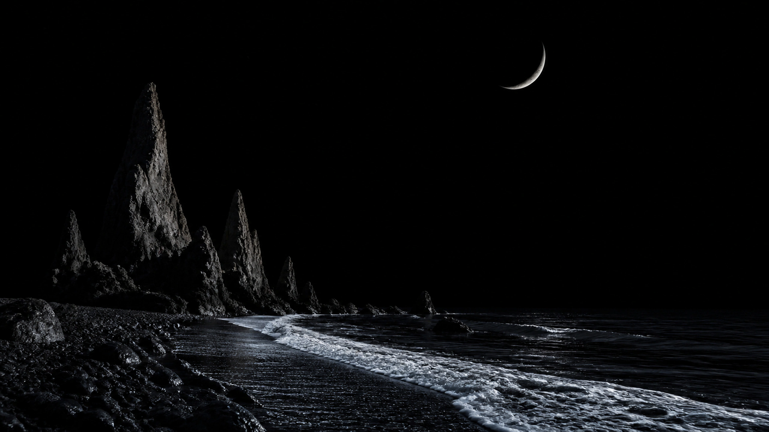 Jagged black basalt shore beneath a narrow crescent moon, one clean silver surf line and deep empty sky, original 4K dark amoled wallpaper