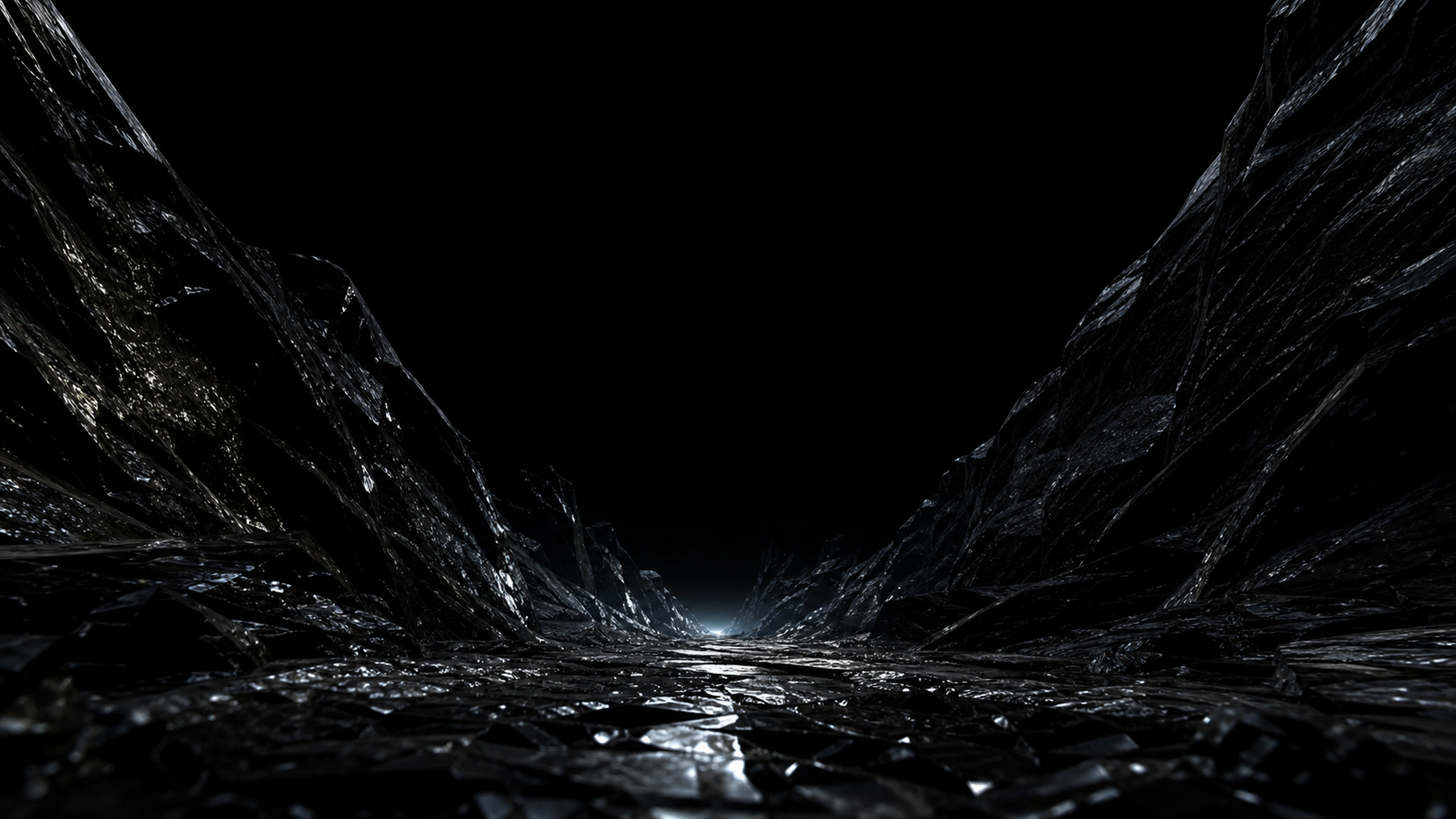 Monumental canyon of natural black volcanic glass with one pale reflected light seam, low ground-level viewpoint, original 4K dark amoled wallpaper